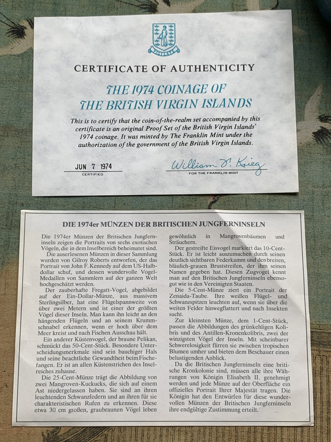 《竞宝斋》第195场-周日，周一 2场 (全场包邮) 原盒证书 维京群岛 1974年 鸟类 6枚套 富兰克林造币厂 精制纪念币 最大枚是银币