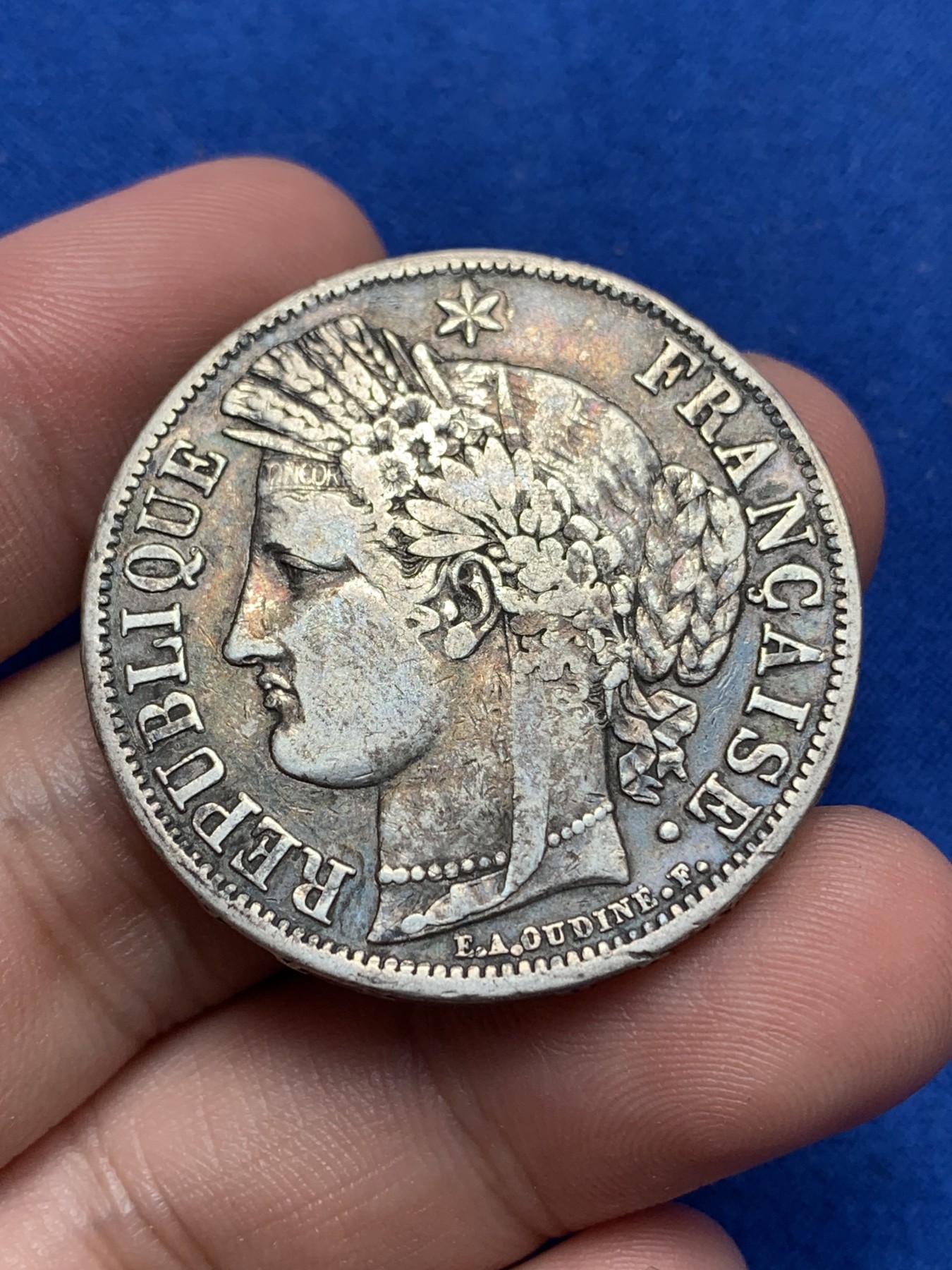 《竞宝斋》第195场-周日，周一 2场 (全场包邮) 1849年法国谷物女神5法郎银币，原味老包浆 细节见图