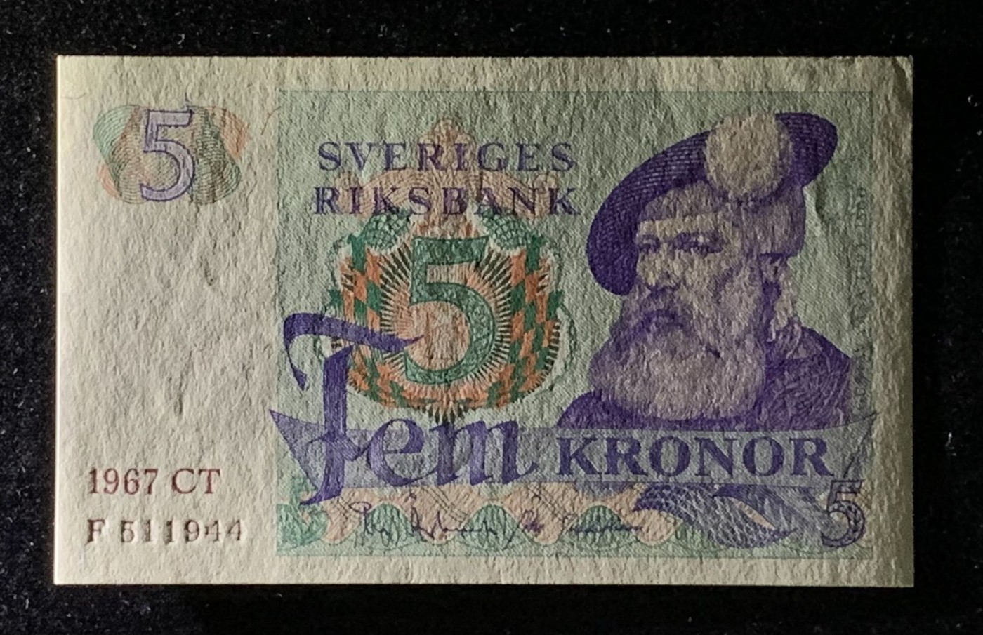 紫瑗钱币——第302期拍卖—纸币场 【双尾4】瑞典 1967年 瑞典银行 古斯塔夫一世 5克朗 深字 UNC