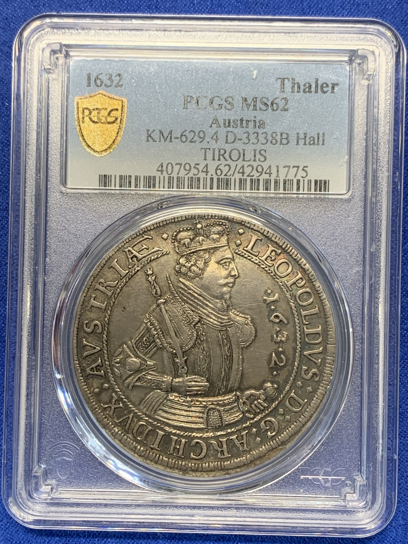 《竞宝斋》第195场-周日，周一 2场 (全场包邮) PCGS MS62 奥地利HALL厂 1632年 利奥波德五世大公 泰勒大银币 原味包浆 细节难得 历经400年 状态极好