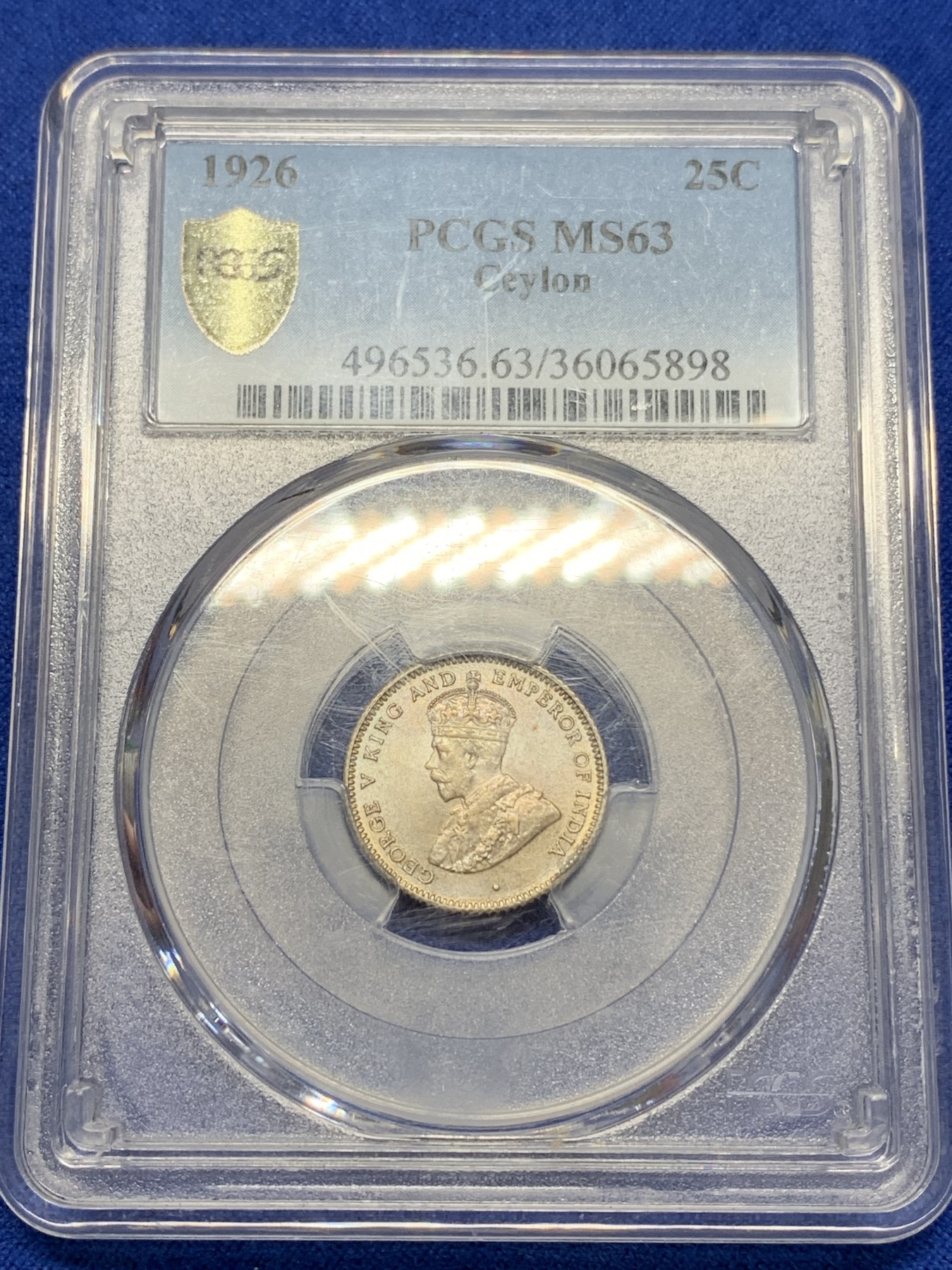 《竞宝斋》第195场-周日，周一 2场 (全场包邮) PCGS-MS63 英属锡兰 1926年 乔治五世25分银币
