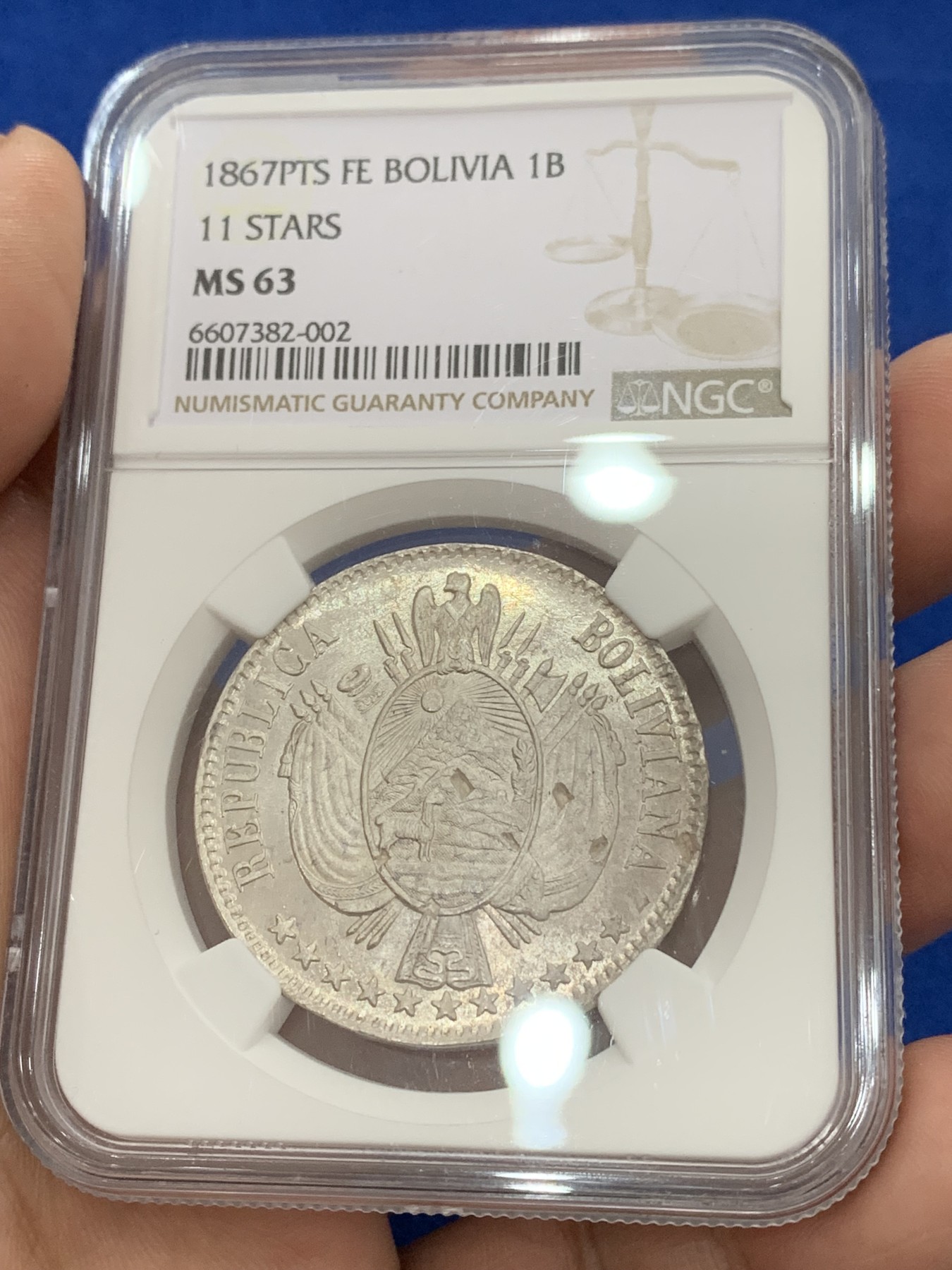 《竞宝斋》第195场-周日，周一 2场 (全场包邮) NGC-MS63 玻利维亚 1867年 1B 大银币 中南美潜力品种 设计漂亮