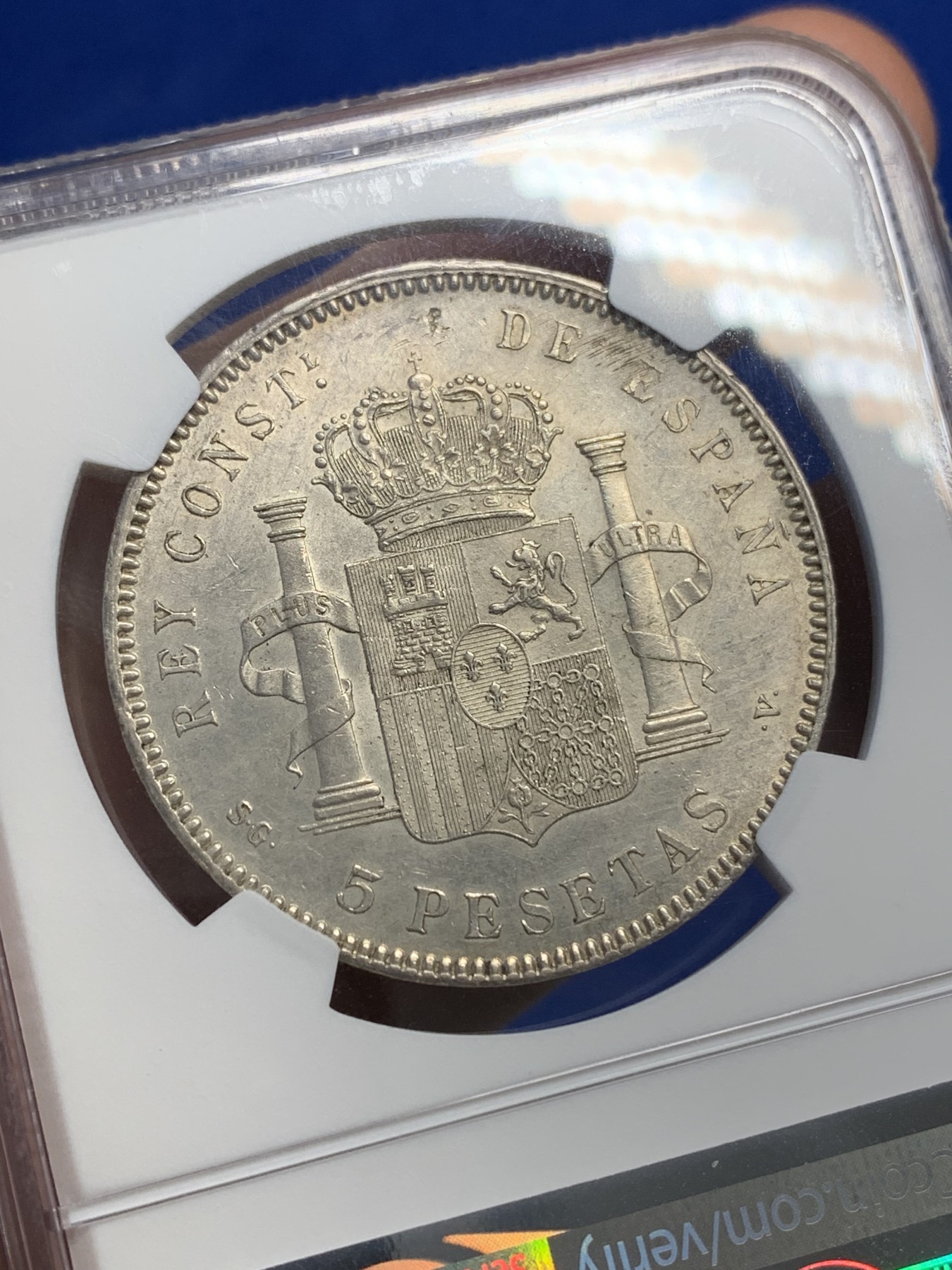 《竞宝斋》第195场-周日，周一 2场 (全场包邮) NGC-AUD 西班牙 1898年 阿方索十三世 5比塞塔银币 带彩 状态还不错