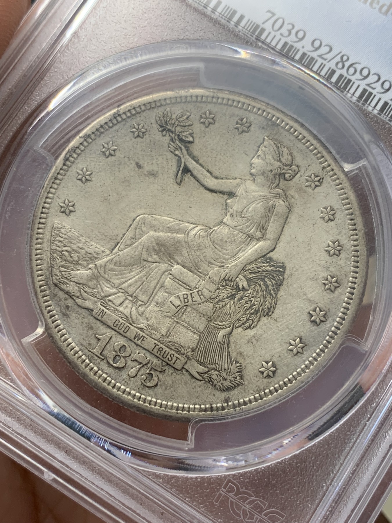 《竞宝斋》第195场-周日，周一 2场 (全场包邮) PCGS  XF  美国1875-S拿花贸易银币