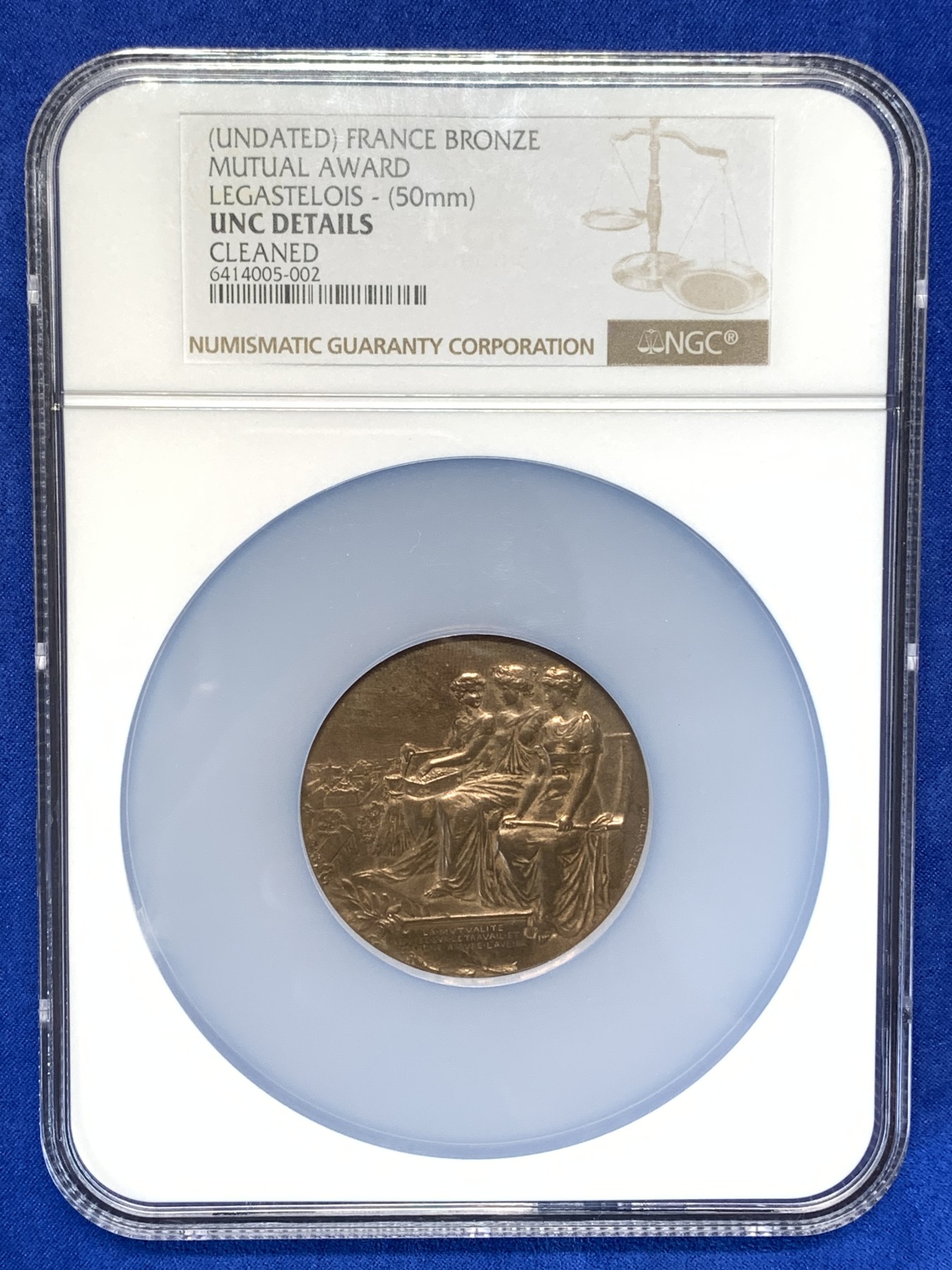 《竞宝斋》第195场-周日，周一 2场 (全场包邮) NGC UNC 法国三女神互助协会艺术铜章 大盒 50mm