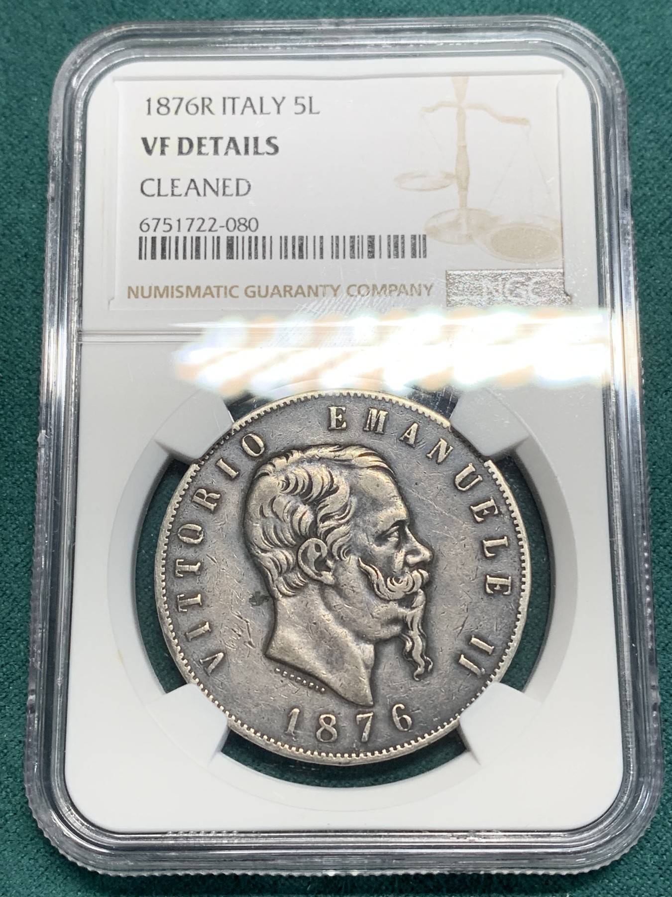 《竞宝斋》第195场-周日，周一 2场 (全场包邮) NGC VFD 意大利1876年曼纽尔二世5里拉银币