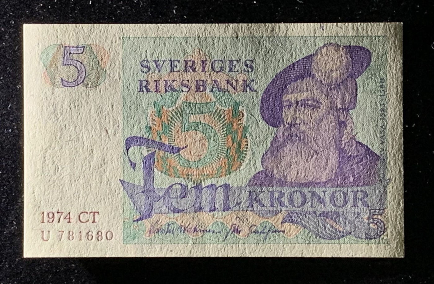 紫瑗钱币——第302期拍卖—纸币场 瑞典 1974年 瑞典银行 古斯塔夫一世 5克朗 深字 UNC
