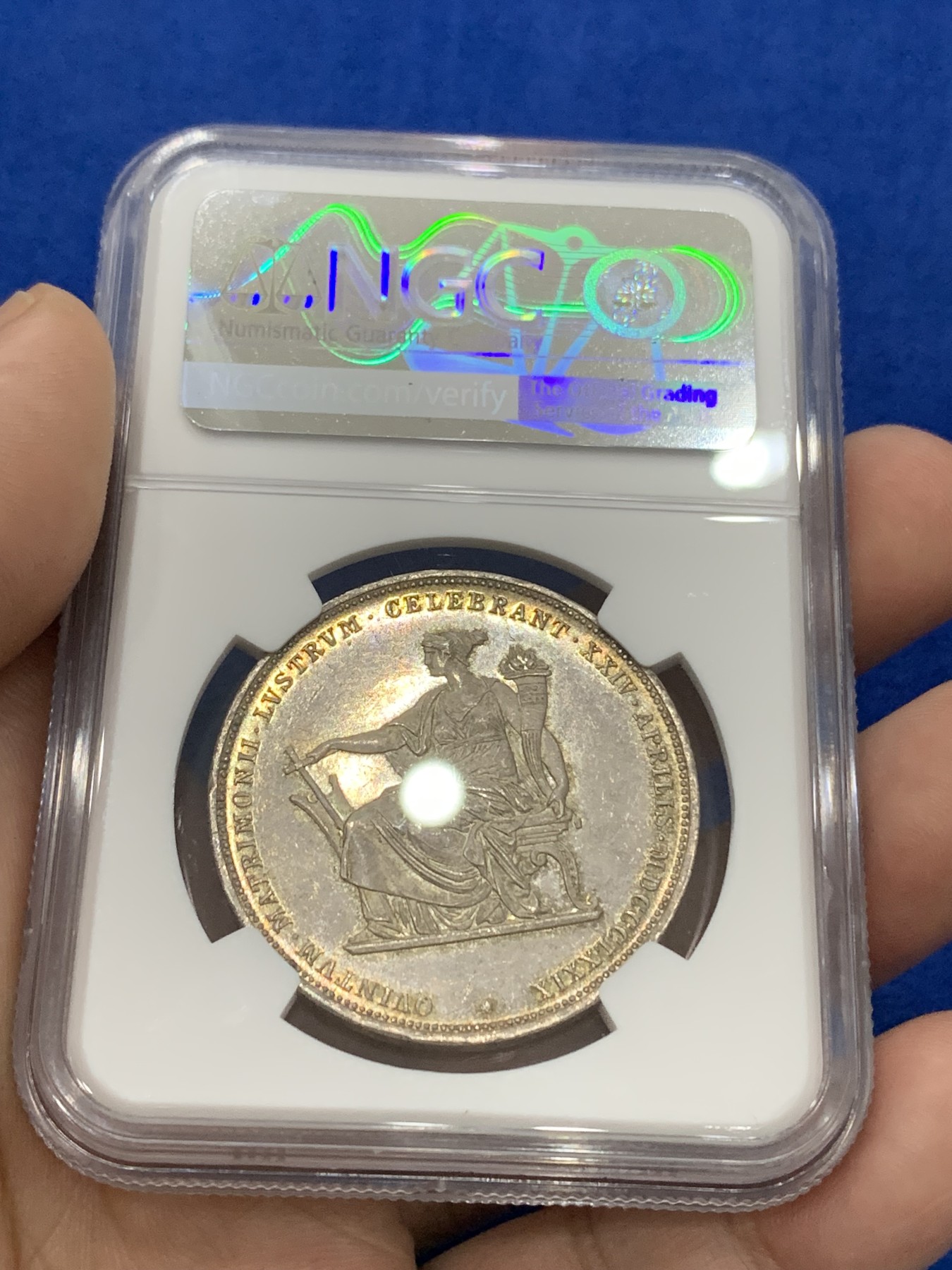 《竞宝斋》第195场-周日，周一 2场 (全场包邮) NGC-MS63 奥匈帝国1879年茜茜公主银婚纪念2盾（2盾=泰勒）银币 五彩原光