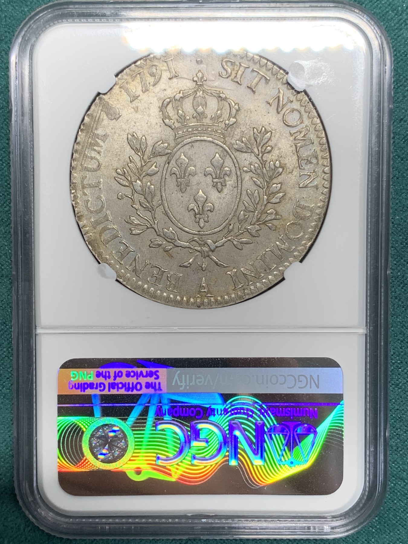 《竞宝斋》第195场-周日，周一 2场 (全场包邮) NGC-AUD 法国 1791年巴黎厂 路易十六1埃居银币 少见年份，严重低评，UNC品相，底板转光，背面纹章面尤其出色，也是该版别的最后一年，具有历史意义