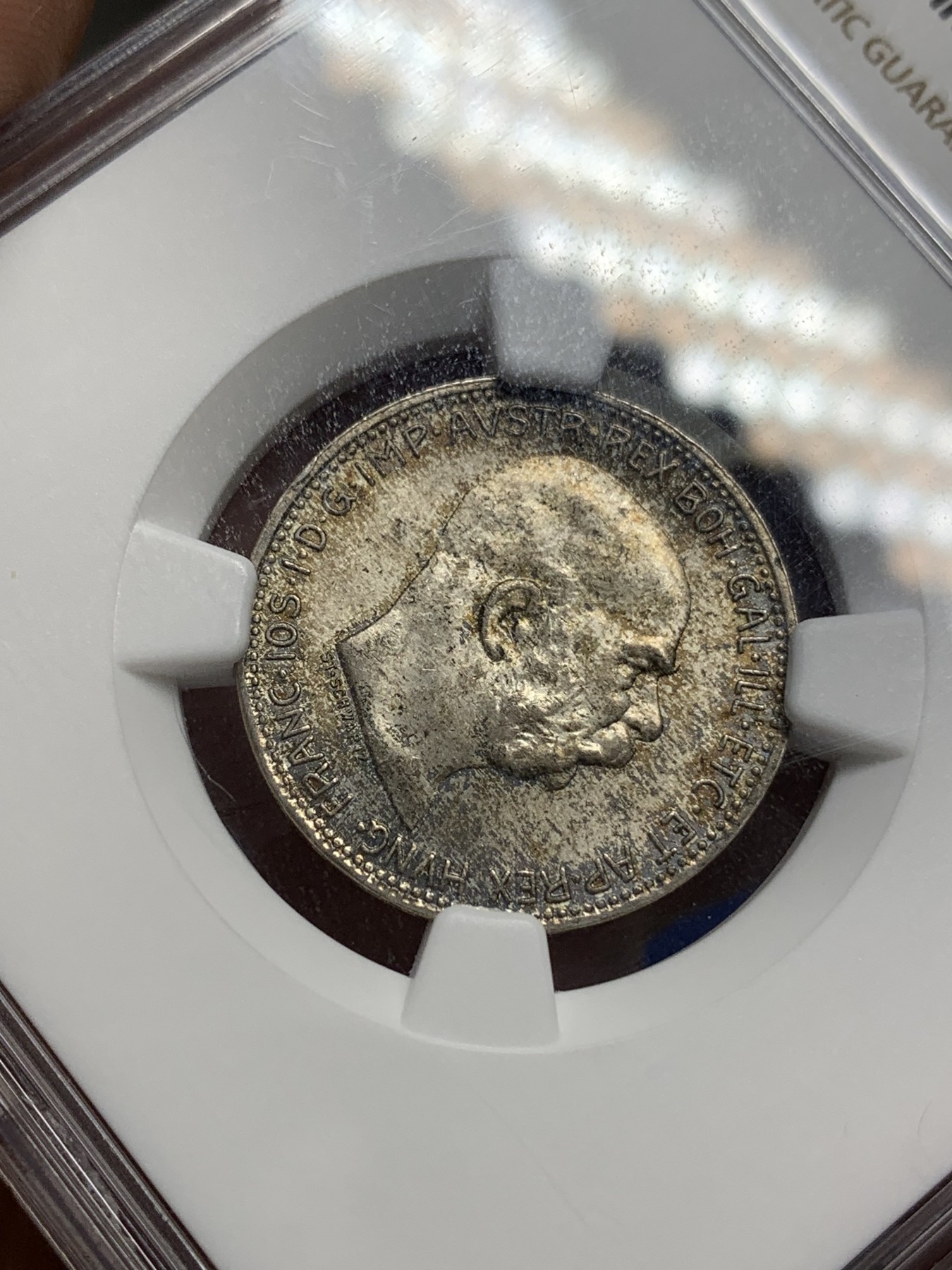 《竞宝斋》第195场-周日，周一 2场 (全场包邮) NGC-MS65 奥地利 1915年 1克朗 科罗娜 银币 黄油彩 少见高分