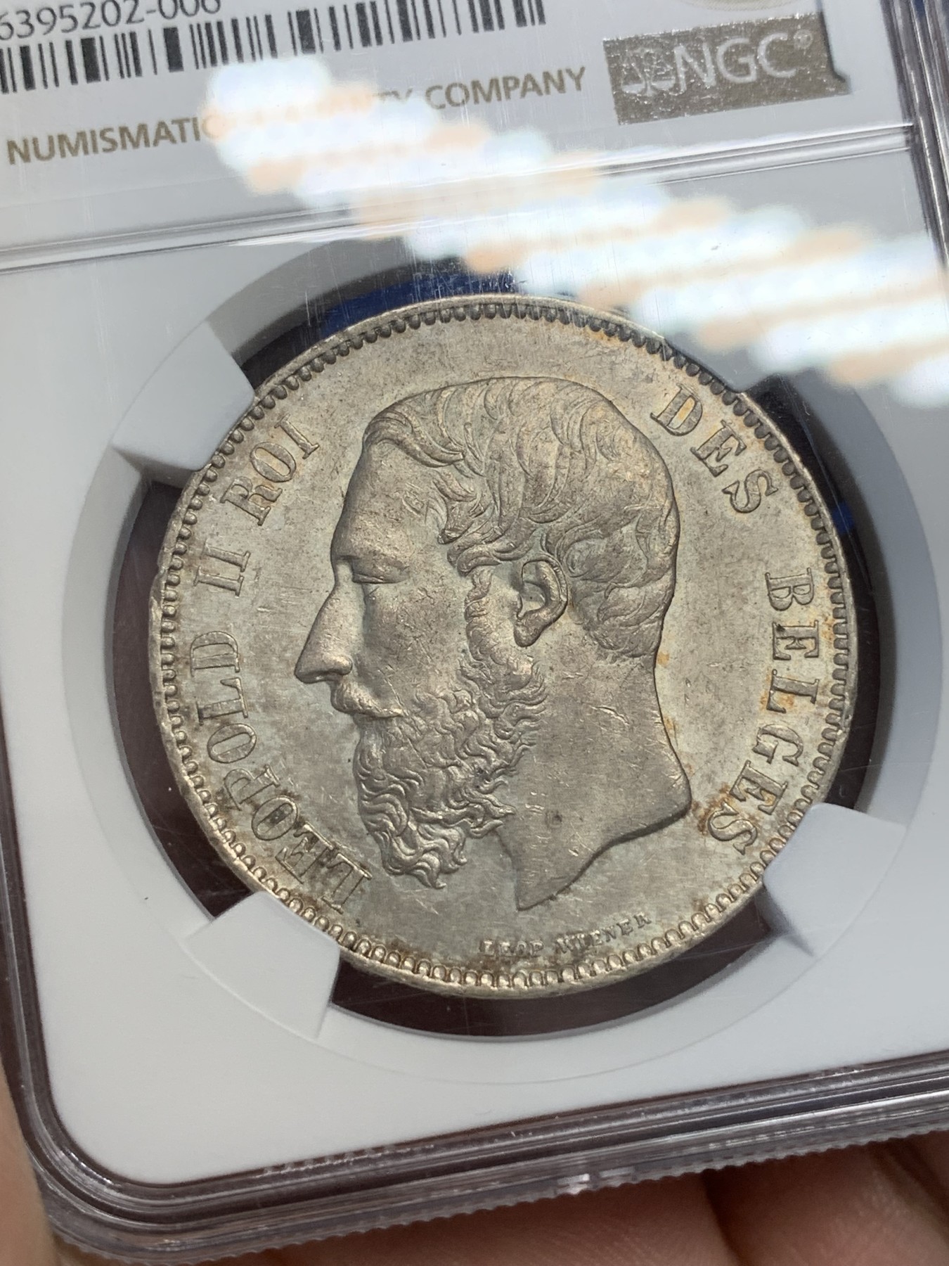 《竞宝斋》第195场-周日，周一 2场 (全场包邮) NGC-MS62 比利时1873年利奥波德二世5法郎大银币 带有粉光 状态难得 好品已有上涨 值得入手