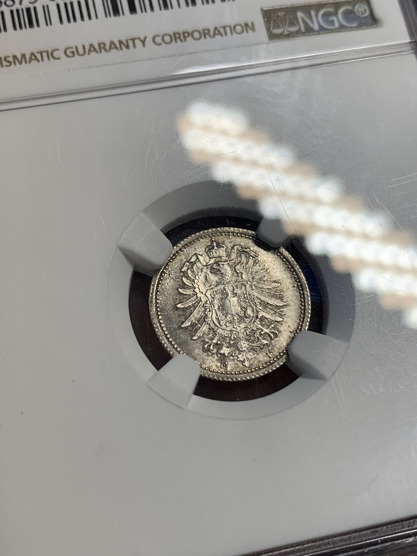 《竞宝斋》第195场-周日，周一 2场 (全场包邮) NGC-MS64 德国 1876年 F版 短翅 20芬尼 银币 转光十足 黑彩