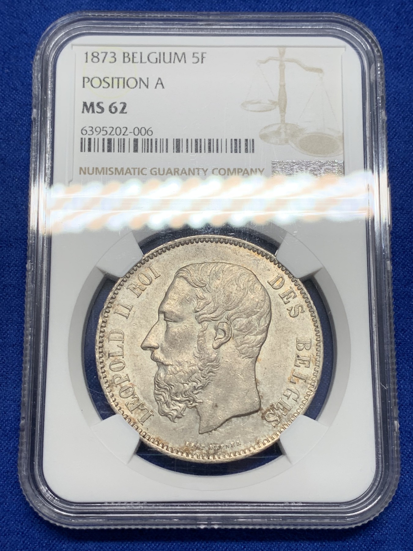 《竞宝斋》第195场-周日，周一 2场 (全场包邮) NGC-MS62 比利时1873年利奥波德二世5法郎大银币 带有粉光 状态难得 好品已有上涨 值得入手