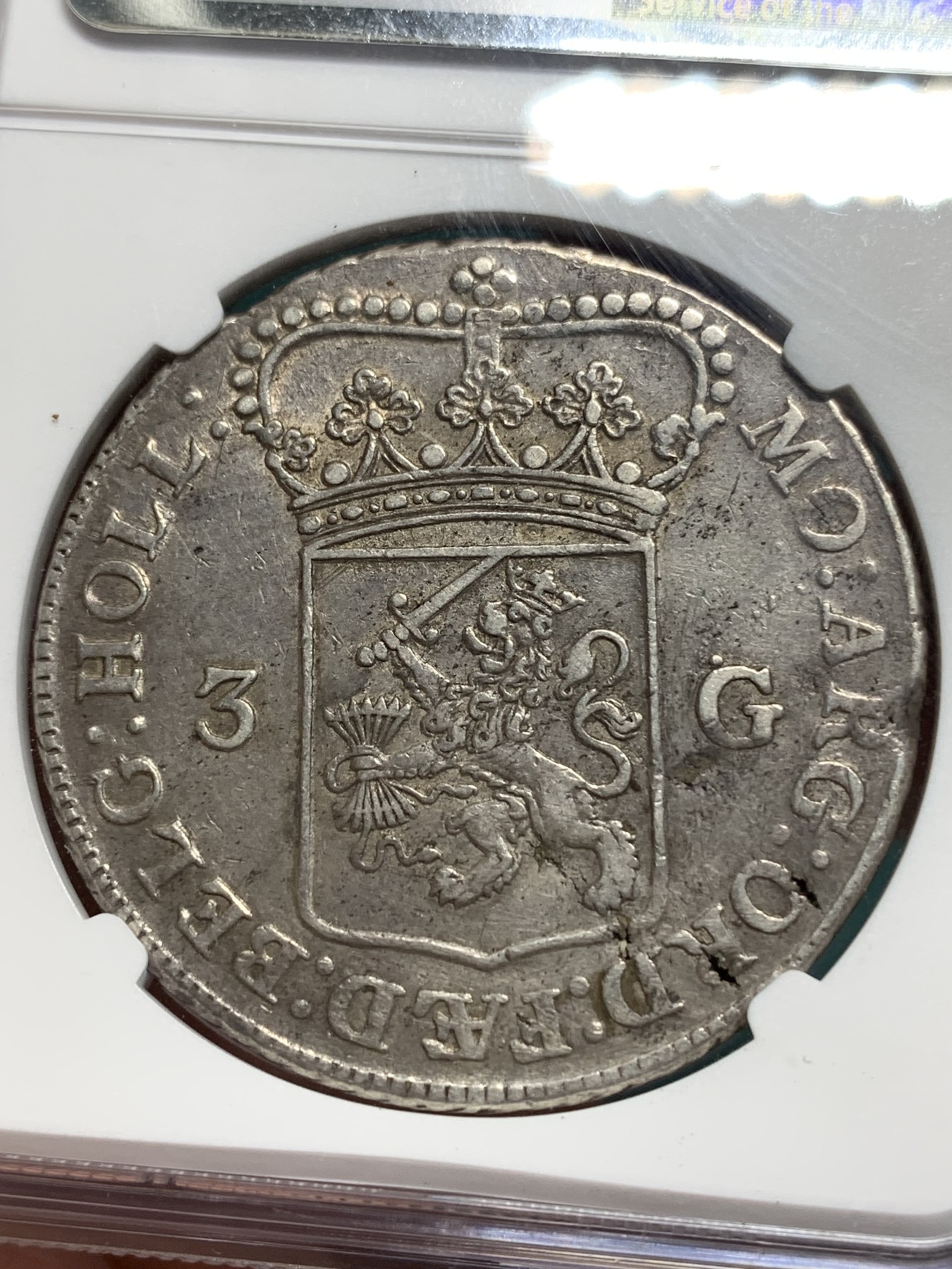 《竞宝斋》第195场-周日，周一 2场 (全场包邮) NGC XFD 荷兰1764年乌特勒支3Gulden 女神大银