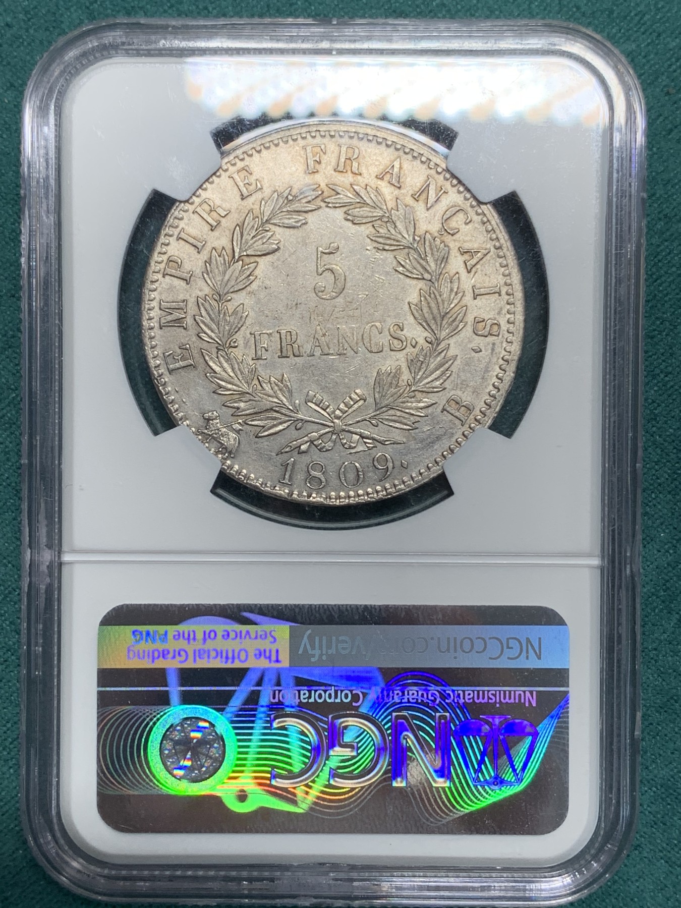 《竞宝斋》第195场-周日，周一 2场 (全场包邮) NGC-AUD 法国 1809年鲁昂厂 拿破仑皇帝5法郎 银币 早期年份，少见厂别，状态出色，观感好