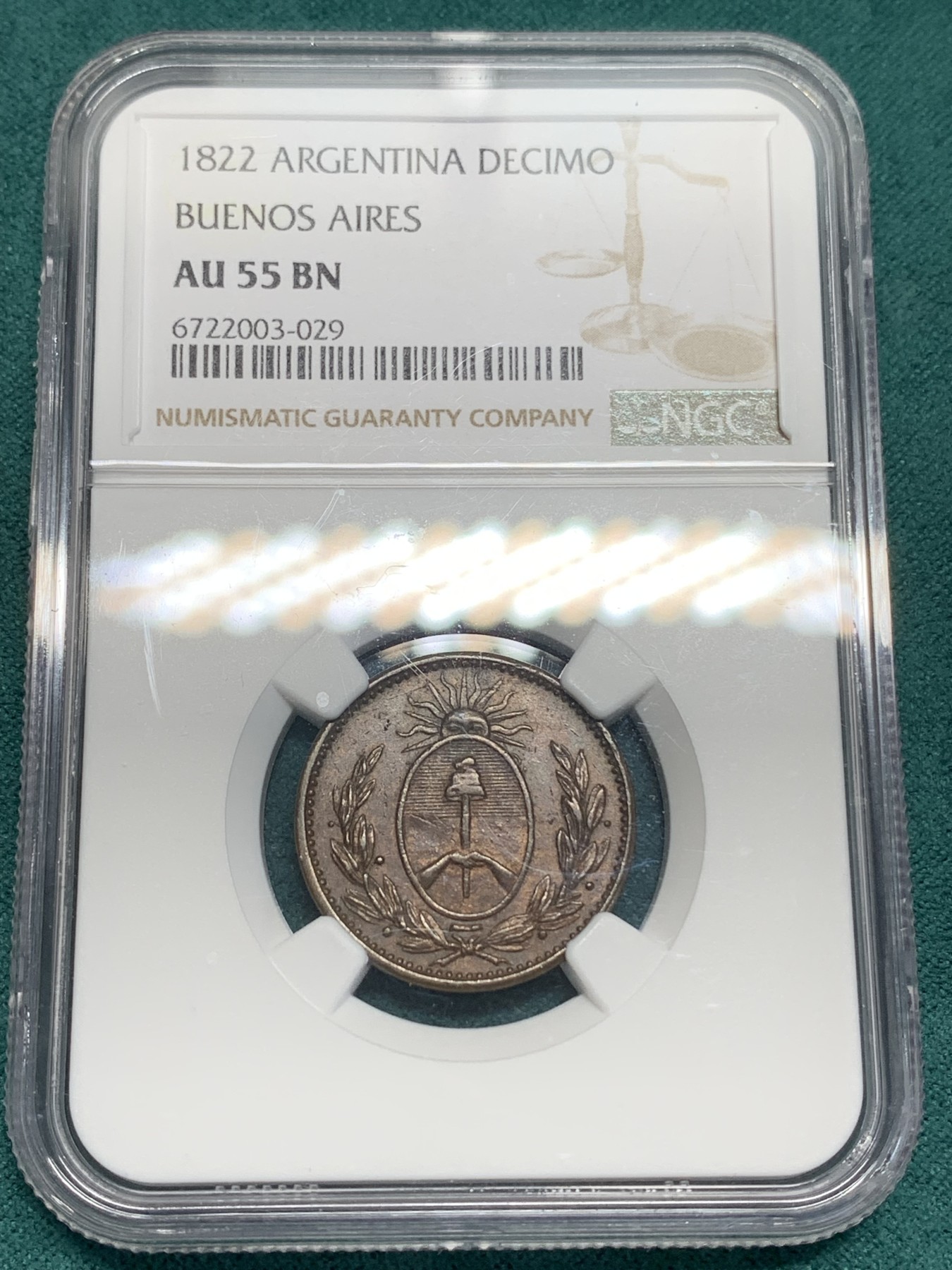 《竞宝斋》第195场-周日，周一 2场 (全场包邮) NGC-AU55BN 阿根廷1822年布宜诺斯艾利斯1D铜币，60分参考价160美元。早期阿根廷稀见