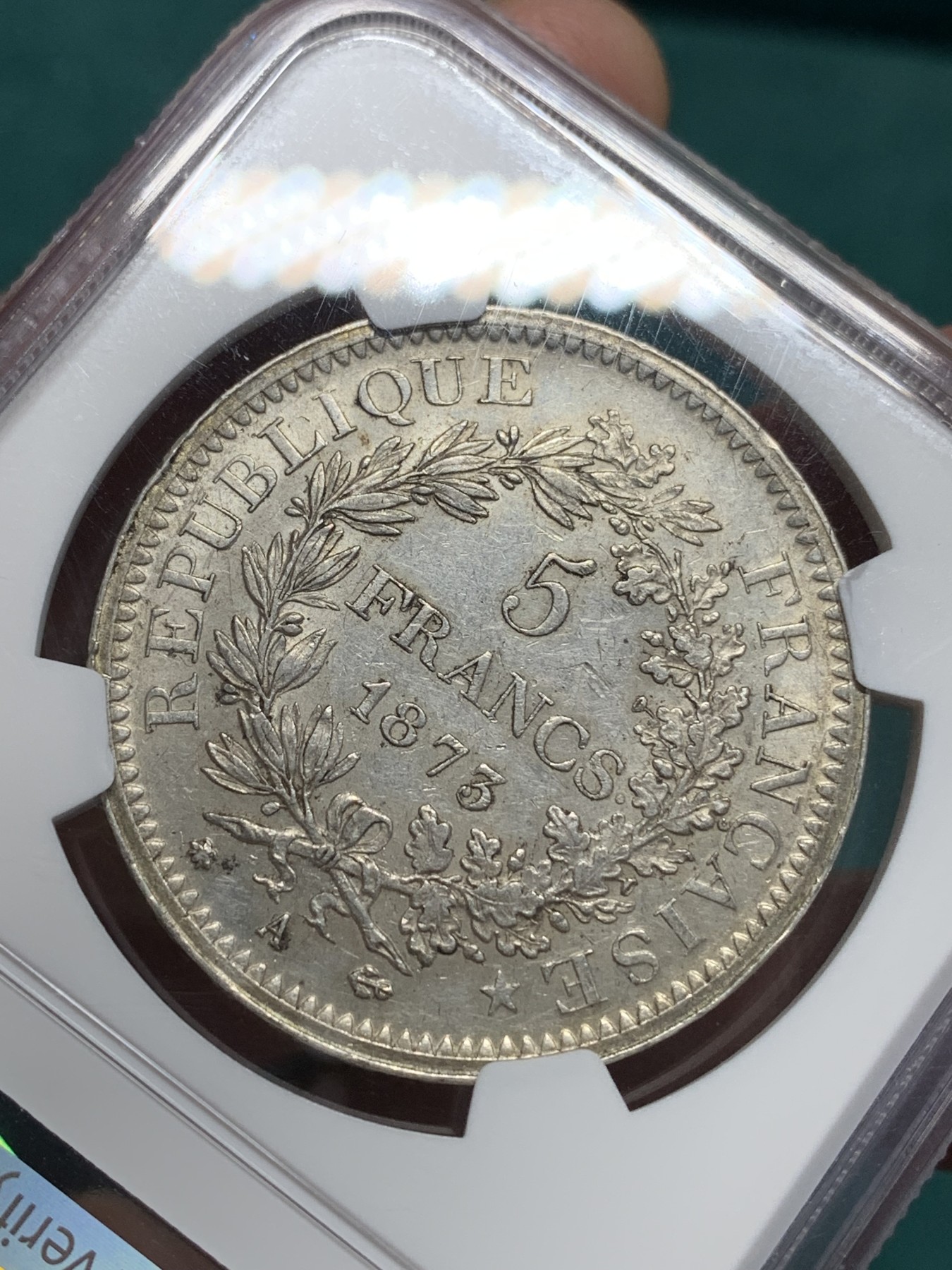 《竞宝斋》第195场-周日，周一 2场 (全场包邮) NGC-AU58 法国1873年大力神五法郎银币