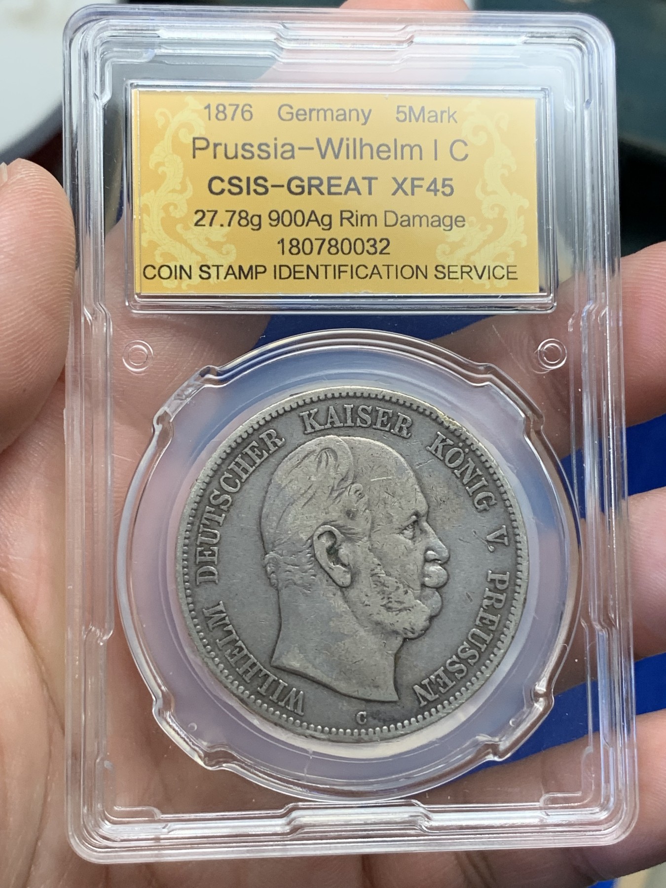 《竞宝斋》第195场-周日，周一 2场 (全场包邮) CSIS XF45 德国1876年普鲁士威廉一世5马克短翅鹰银币