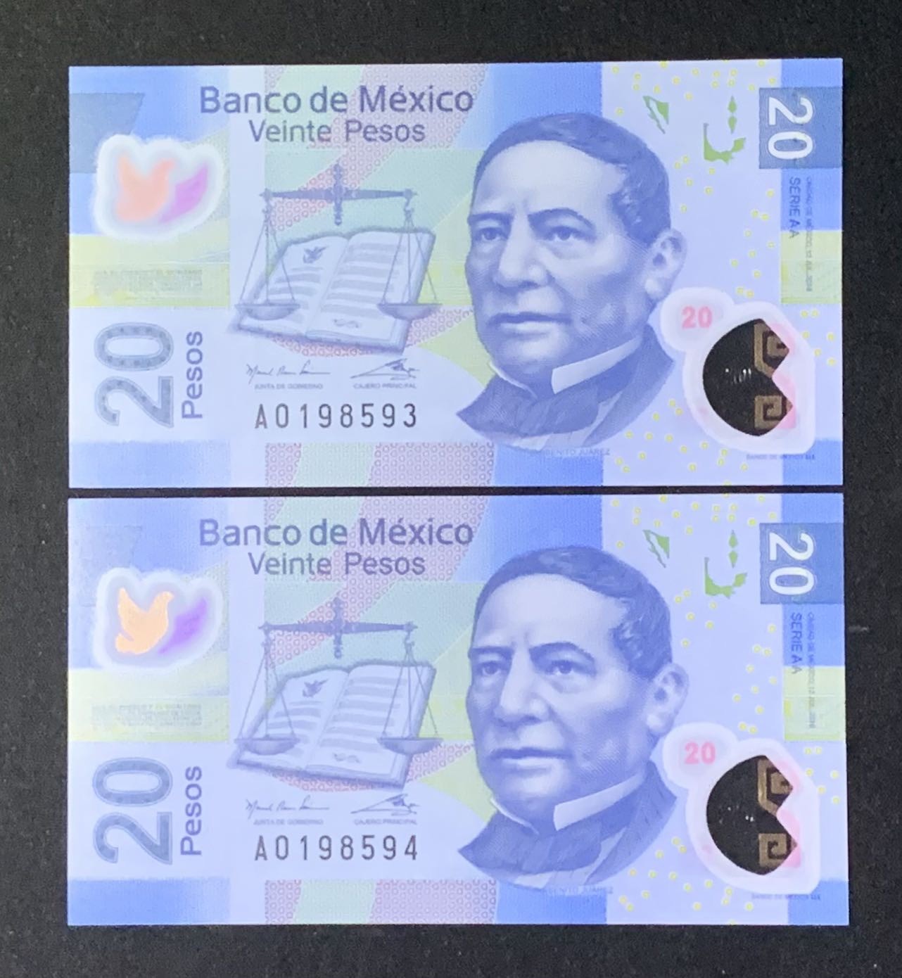 紫瑗钱币——第302期拍卖—纸币场 【首发AA冠】墨西哥 2016年 20比索 塑料币 UNC 2枚一组