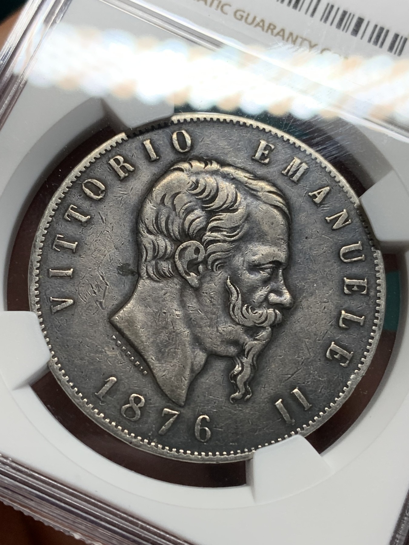 《竞宝斋》第195场-周日，周一 2场 (全场包邮) NGC VFD 意大利1876年曼纽尔二世5里拉银币