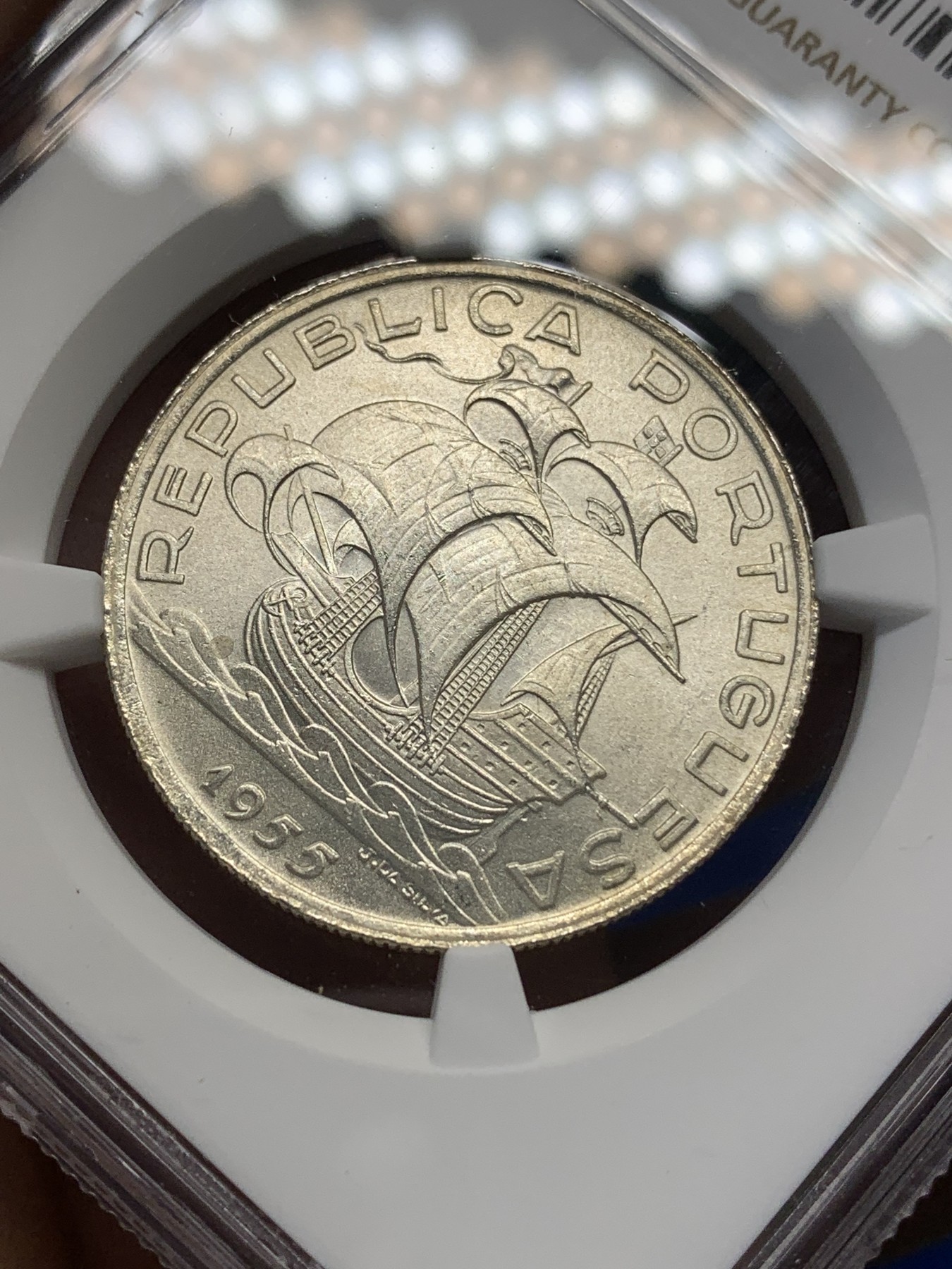 《竞宝斋》第195场-周日，周一 2场 (全场包邮) NGC-MS65 葡萄牙1955年大帆船10埃斯库多银币