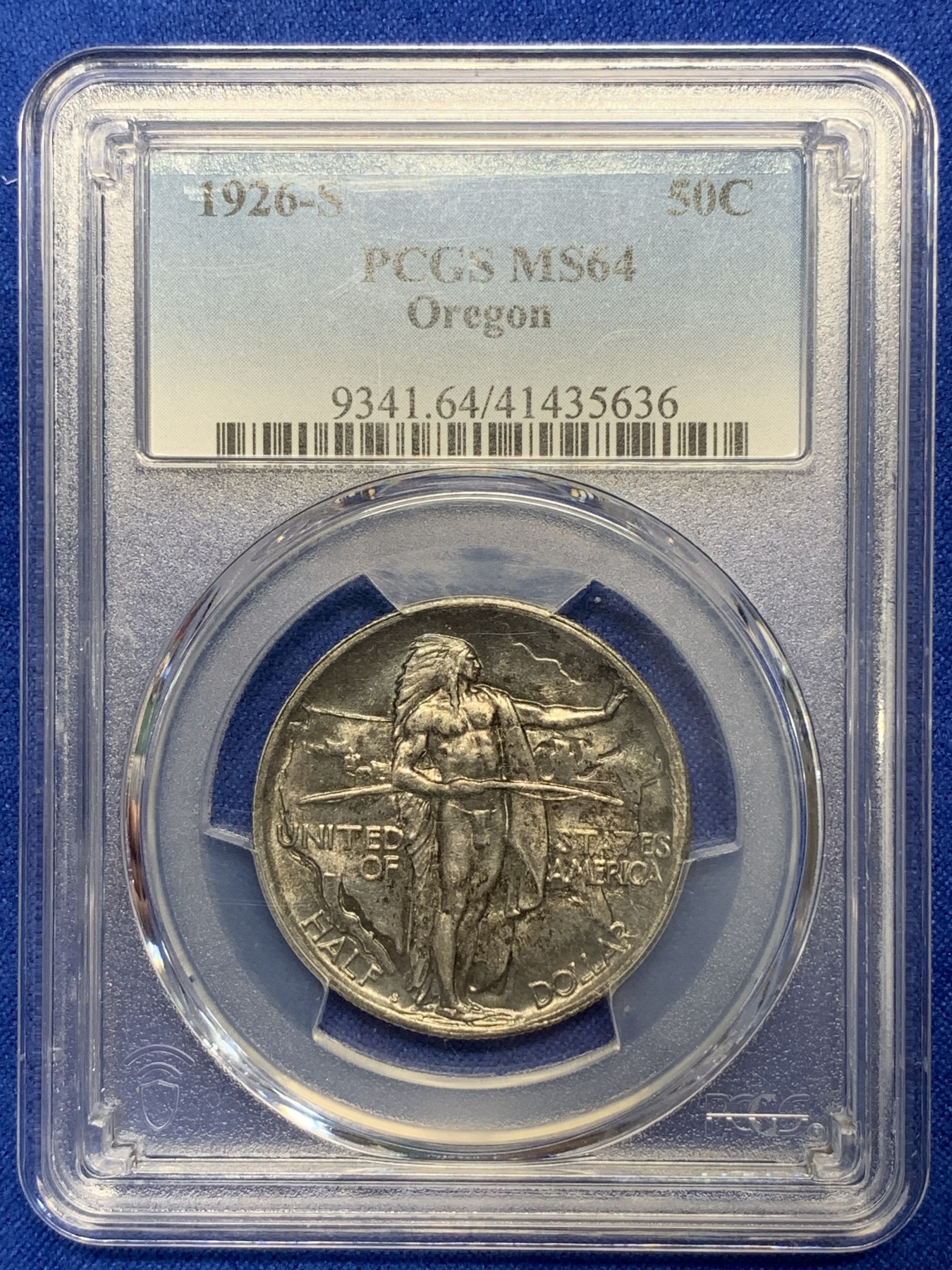 《竞宝斋》第195场-周日，周一 2场 (全场包邮) PCGS-MS64 美国 1926年 半美元银币 俄勒冈小道 土著人+大篷车经典设计 少见双面黑包浆