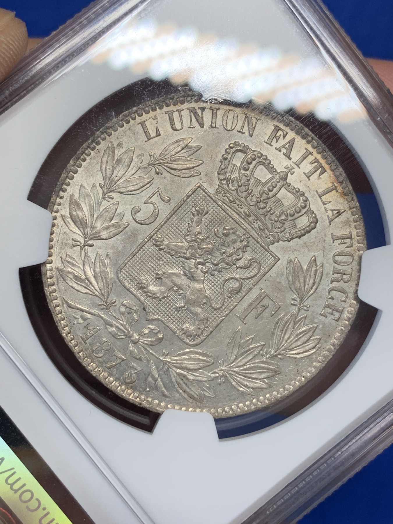 《竞宝斋》第195场-周日，周一 2场 (全场包邮) NGC-MS62 比利时1873年利奥波德二世5法郎大银币 带有粉光 状态难得 好品已有上涨 值得入手