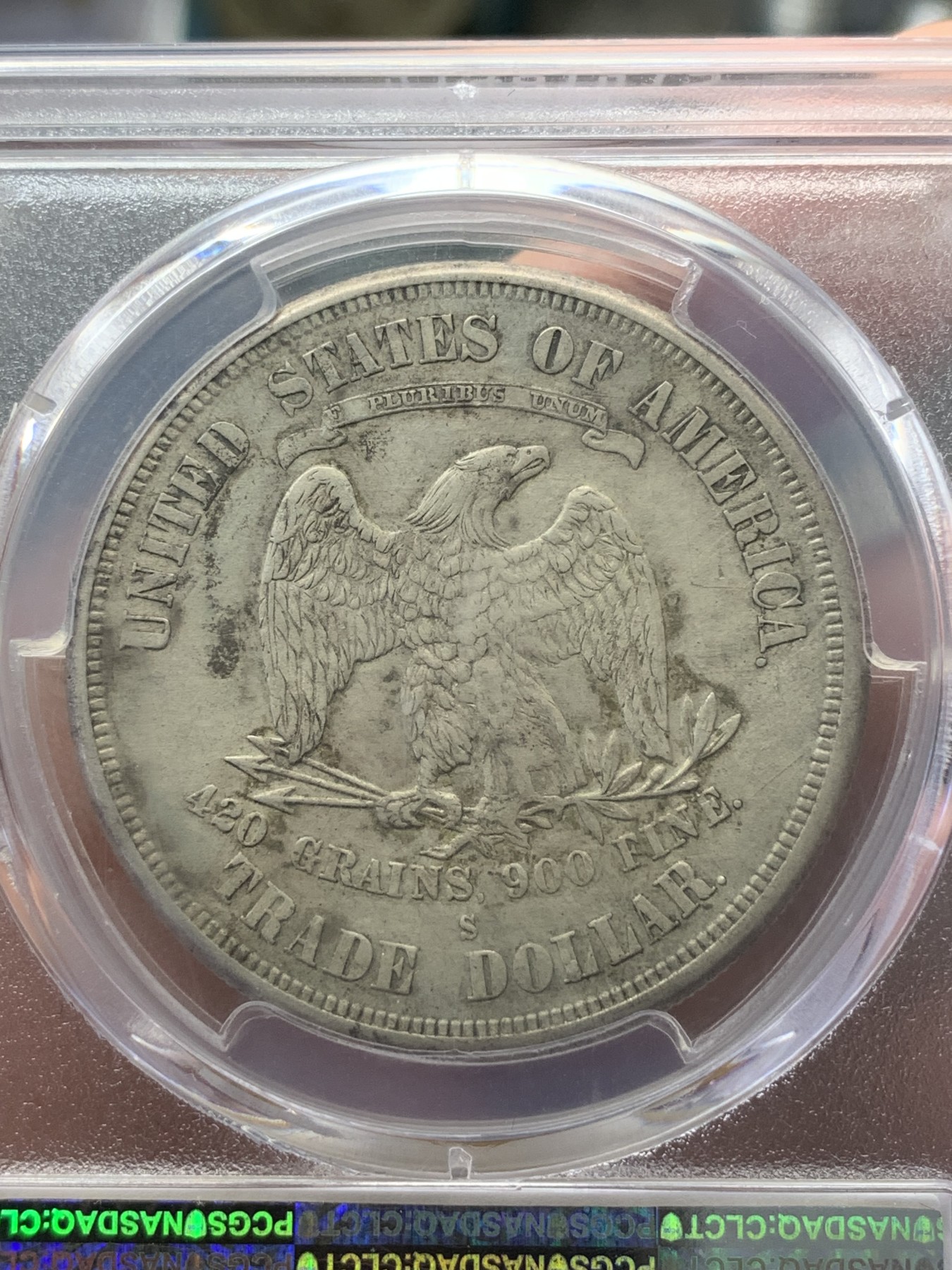 《竞宝斋》第195场-周日，周一 2场 (全场包邮) PCGS  XF  美国1875-S拿花贸易银币