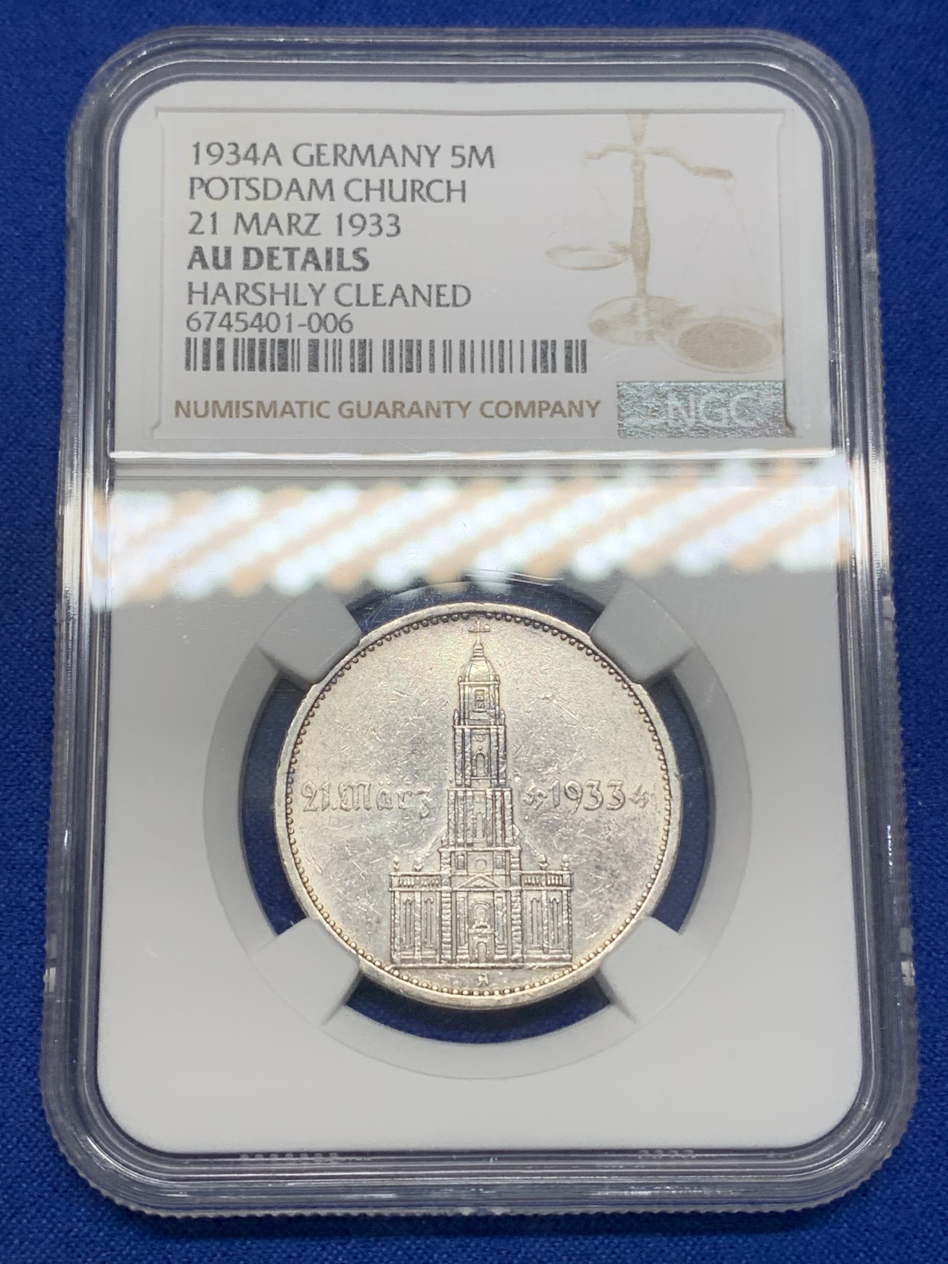 《竞宝斋》第195场-周日，周一 2场 (全场包邮) NGC-AUD 德国1934A 教堂加字版5马克 德三名品 带弱转光