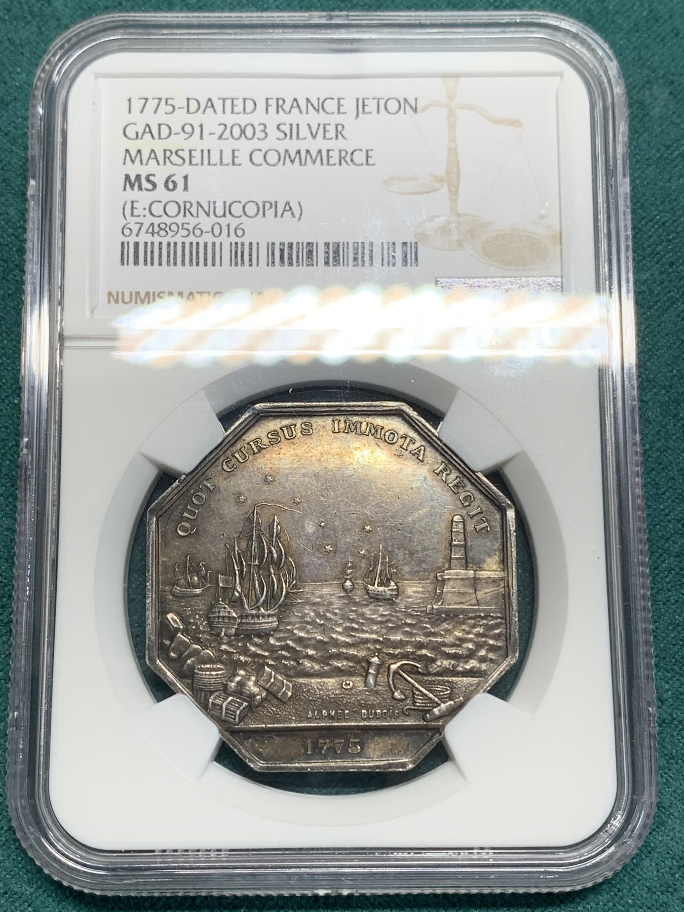 《竞宝斋》第195场-周日，周一 2场 (全场包邮) NGC MS61 法国1775马赛港商业八角银质代币
