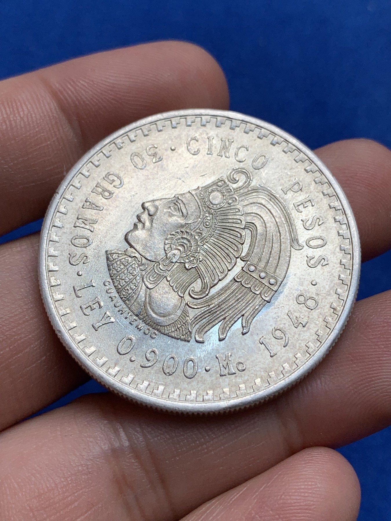 《竞宝斋》第195场-周日，周一 2场 (全场包邮) 墨西哥1948年印第安人头像5比索大银币  可评级  好品相