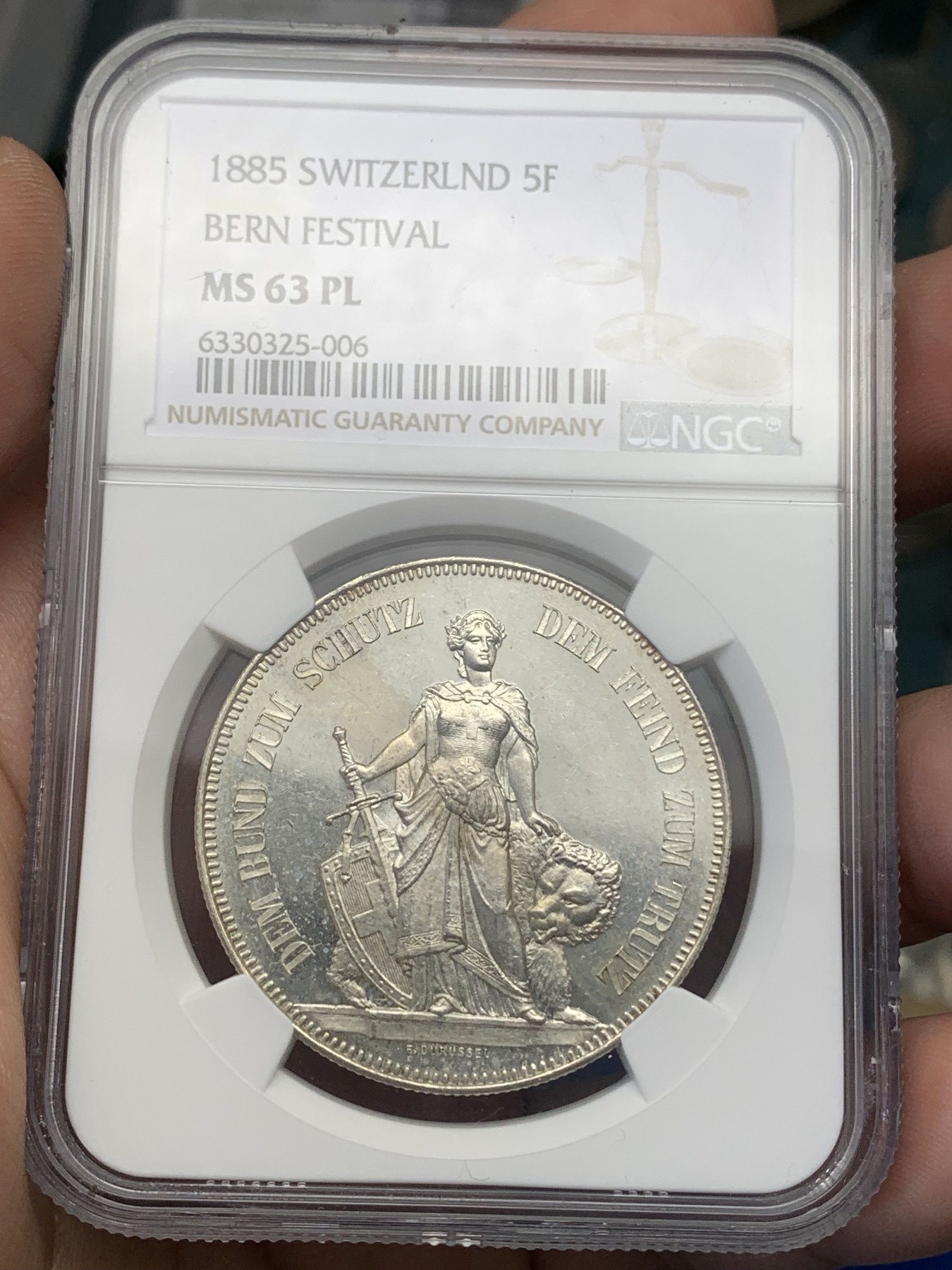 《竞宝斋》第195场-周日，周一 2场 (全场包邮) NGC-MS63PL 瑞士伯尔尼 1885年 射击节 5法郎 银币 经典美女与野兽设计 射击节PL少见 镜面感无敌