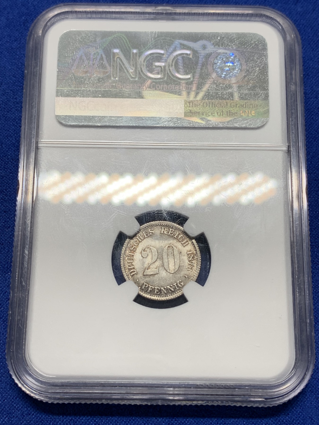 《竞宝斋》第195场-周日，周一 2场 (全场包邮) NGC-MS64 德国 1876年 F版 短翅 20芬尼 银币 转光十足 黑彩