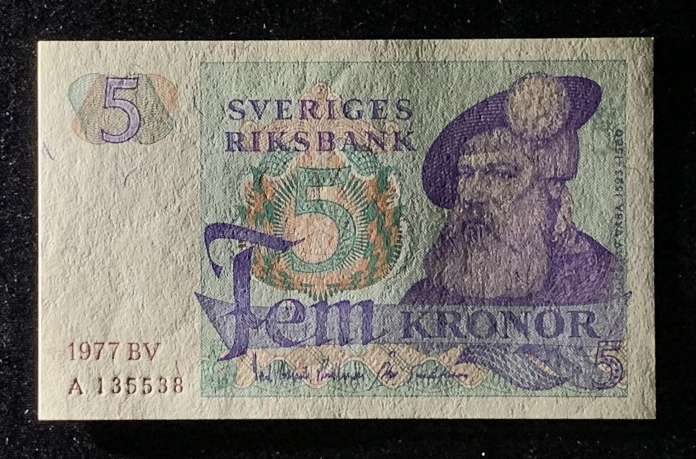 紫瑗钱币——第302期拍卖—纸币场 瑞典 1977年 瑞典银行 古斯塔夫一世 5克朗 深字 UNC