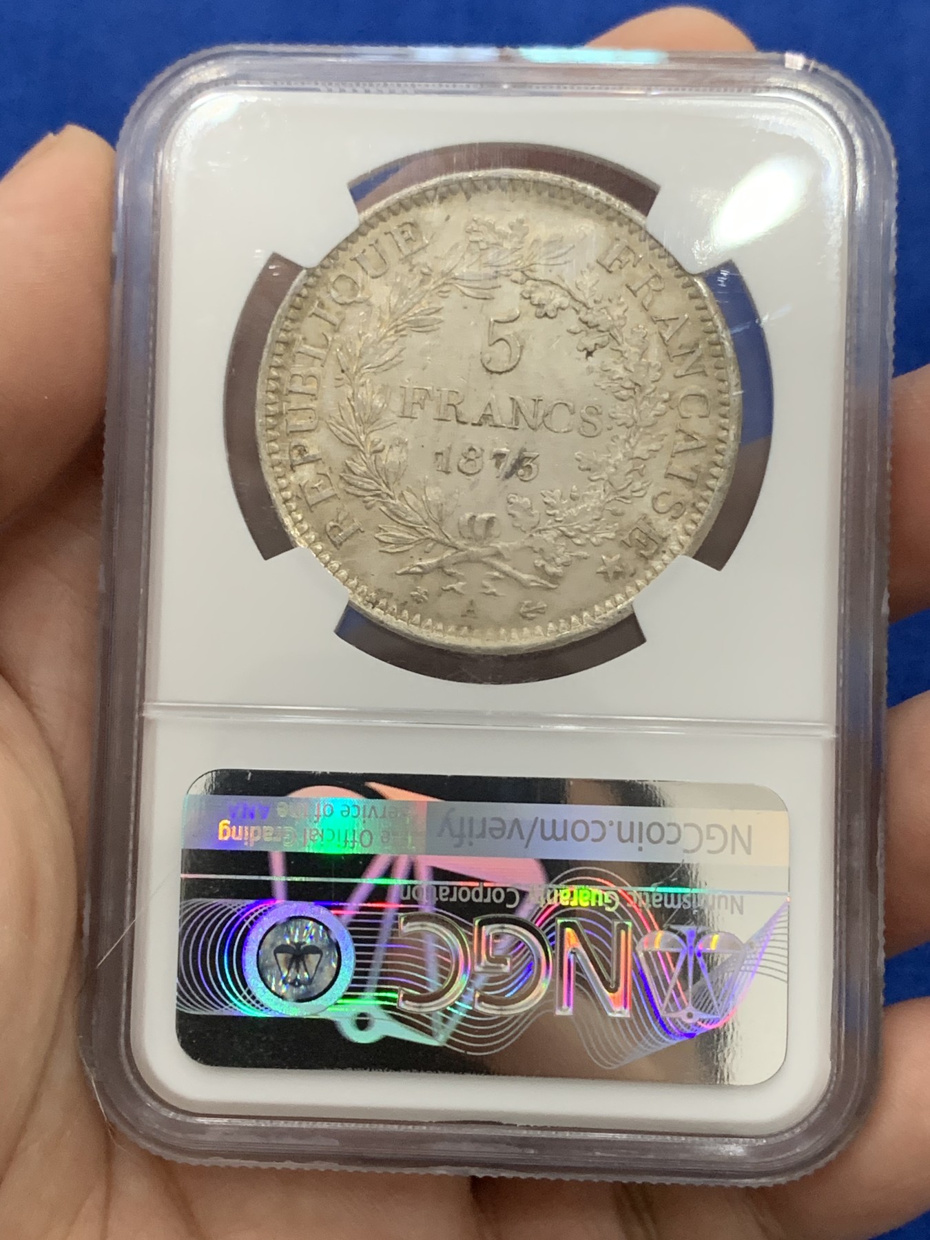 《竞宝斋》第195场-周日，周一 2场 (全场包邮) NGC-MS63 法国1873年大力神5法郎银币