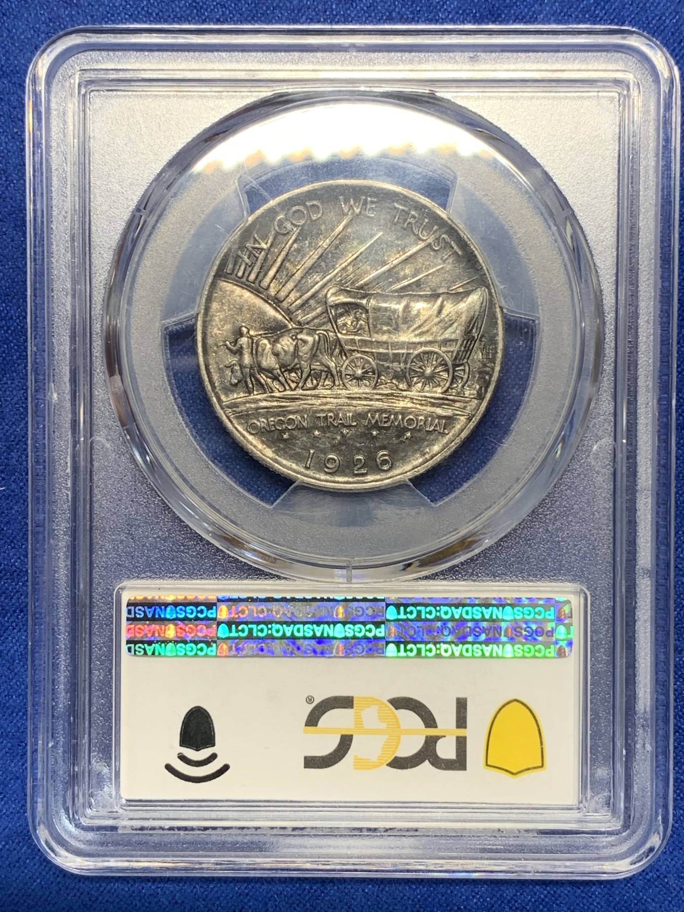 《竞宝斋》第195场-周日，周一 2场 (全场包邮) PCGS-MS64 美国 1926年 半美元银币 俄勒冈小道 土著人+大篷车经典设计 少见双面黑包浆