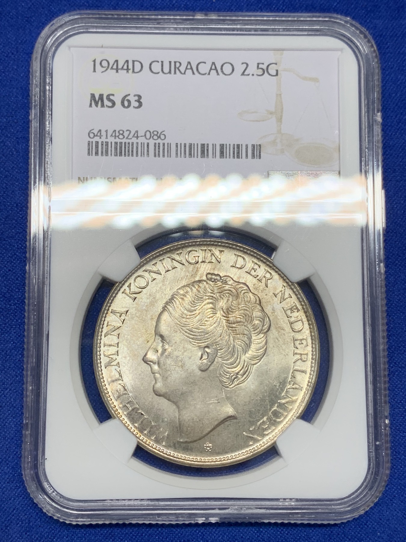 《竞宝斋》第195场-周日，周一 2场 (全场包邮) NGC MS63 荷属库拉索1944年威廉明娜2.5G大银币