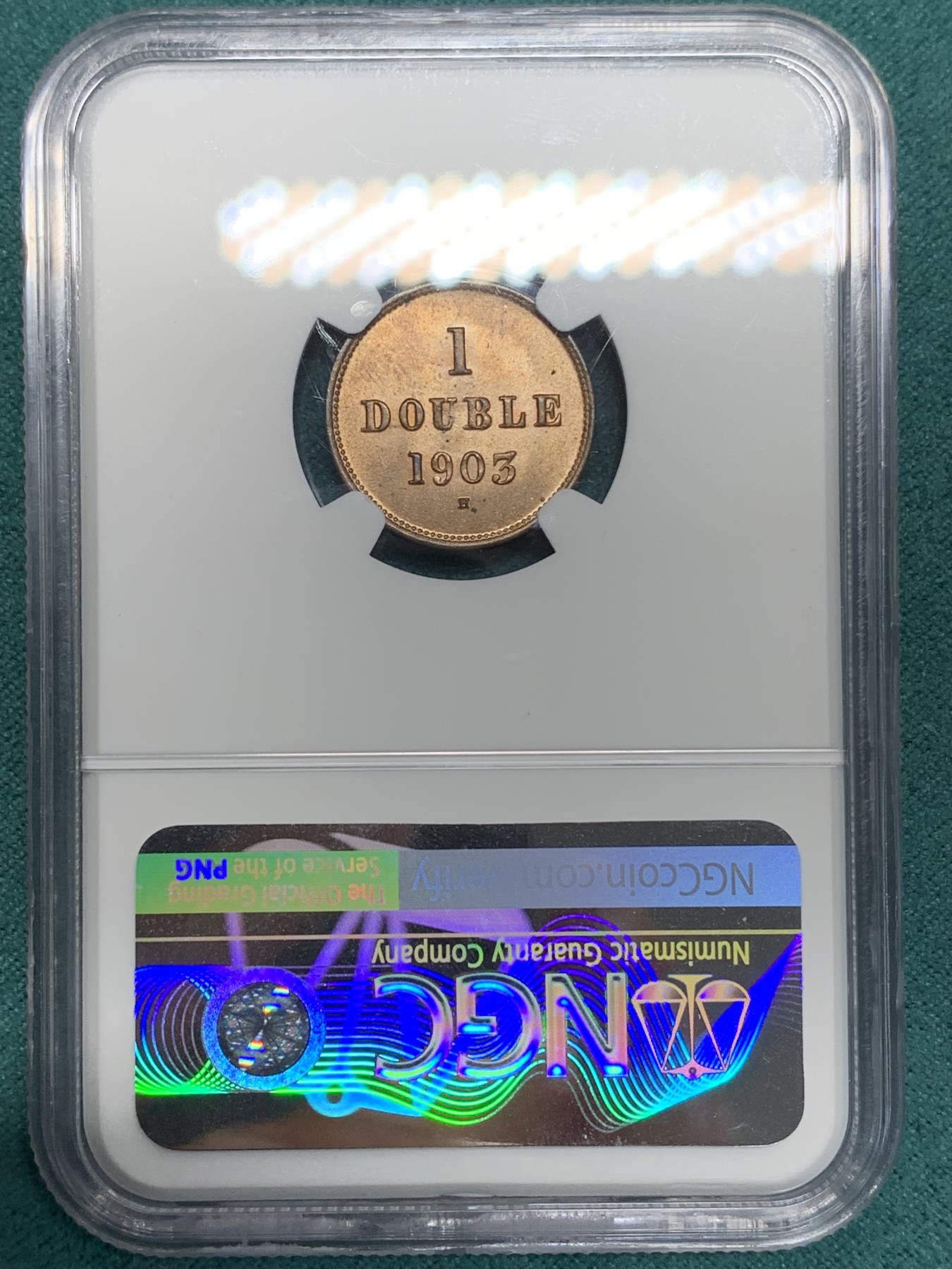 《竞宝斋》第195场-周日，周一 2场 (全场包邮) NGC MS64RB 英属根西岛1903H 1道布 亚军分数 铜光充沛自然
