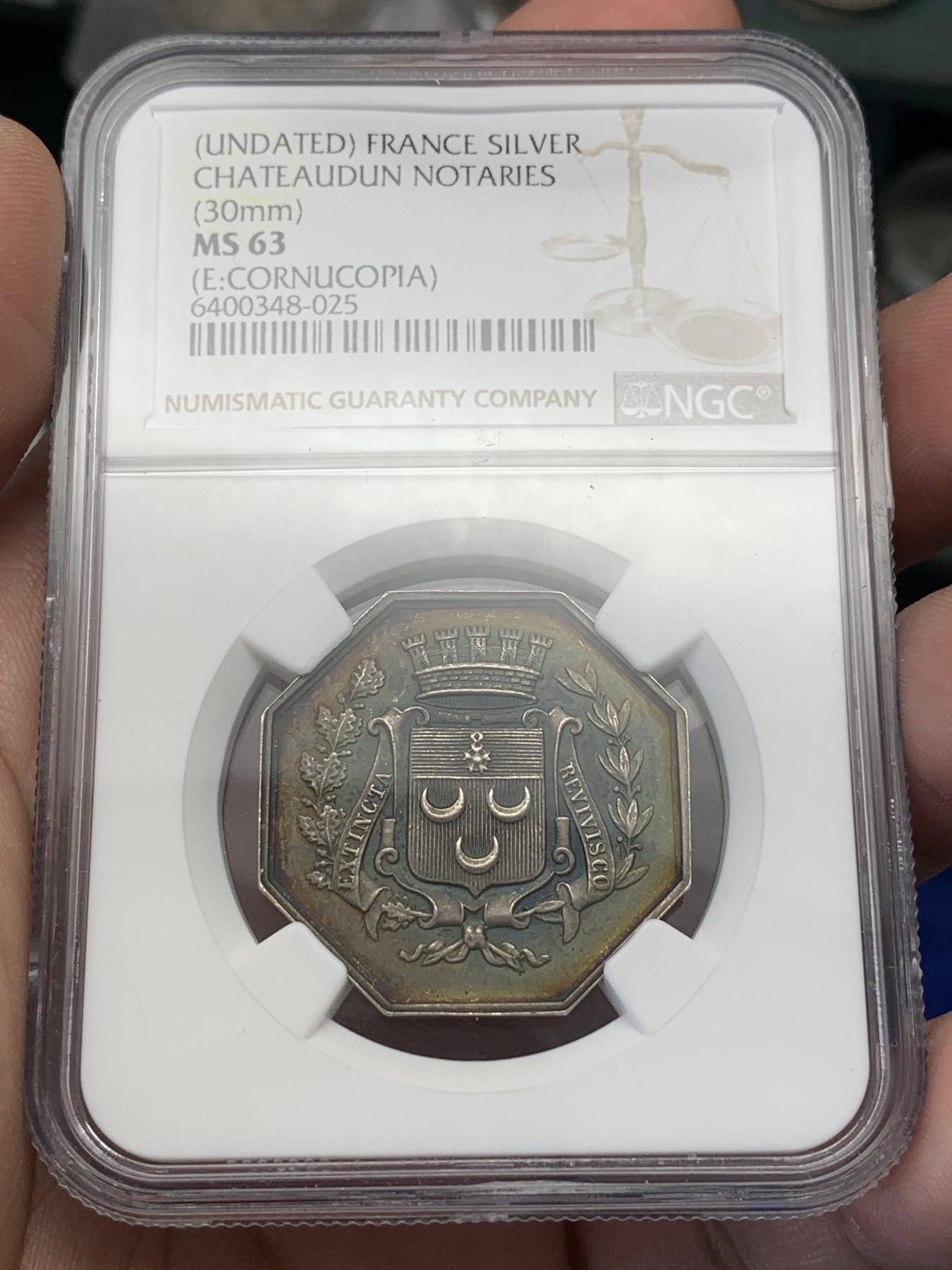 《竞宝斋》第195场-周日，周一 2场 (全场包邮) NGC MS63 19世纪法国查特顿公证处八角银章代用币 品相状态一流 包浆五彩 温润