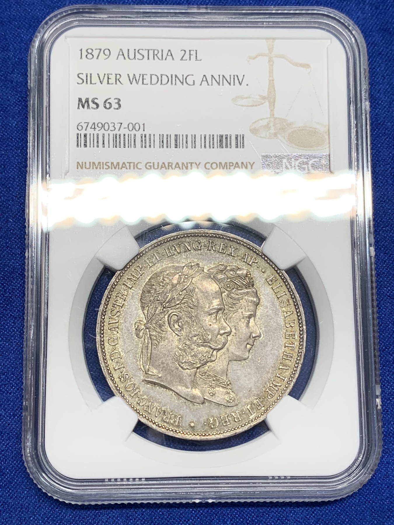 《竞宝斋》第195场-周日，周一 2场 (全场包邮) NGC-MS63 奥匈帝国1879年茜茜公主银婚纪念2盾（2盾=泰勒）银币 五彩原光