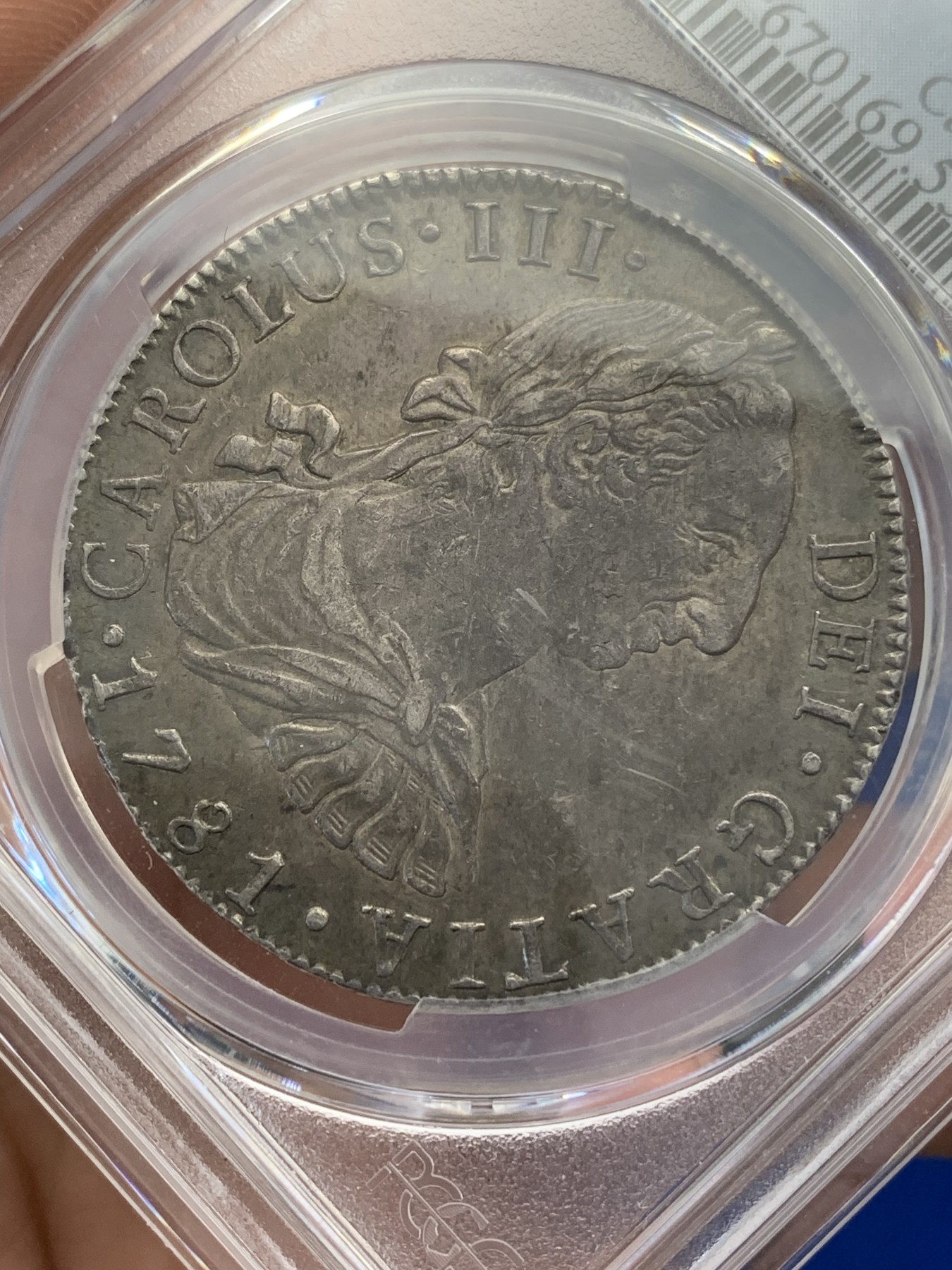 《竞宝斋》第195场-周日，周一 2场 (全场包邮) PCGS-AU 55 西属墨西哥 卡三人像双柱 8瑞尔 1781-MO FF 双面深打 酱黑彩包浆
