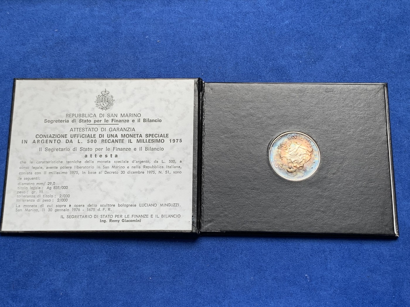 《竞宝斋》第195场-周日，周一 2场 (全场包邮) 卡装 圣马力诺1975年500里拉银币 包浆五彩美品