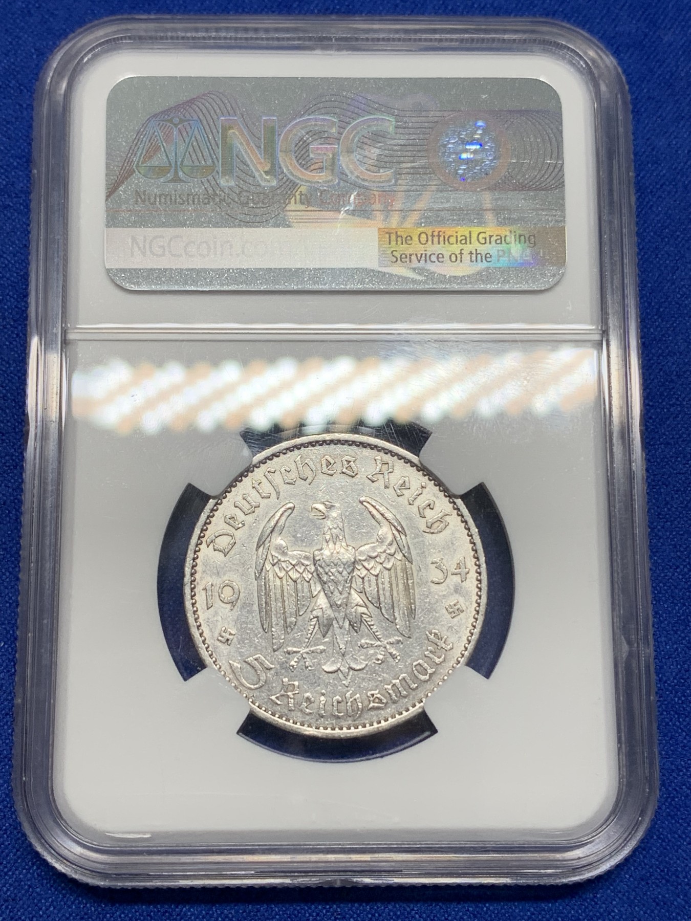 《竞宝斋》第195场-周日，周一 2场 (全场包邮) NGC-AUD 德国1934A 教堂加字版5马克 德三名品 带弱转光