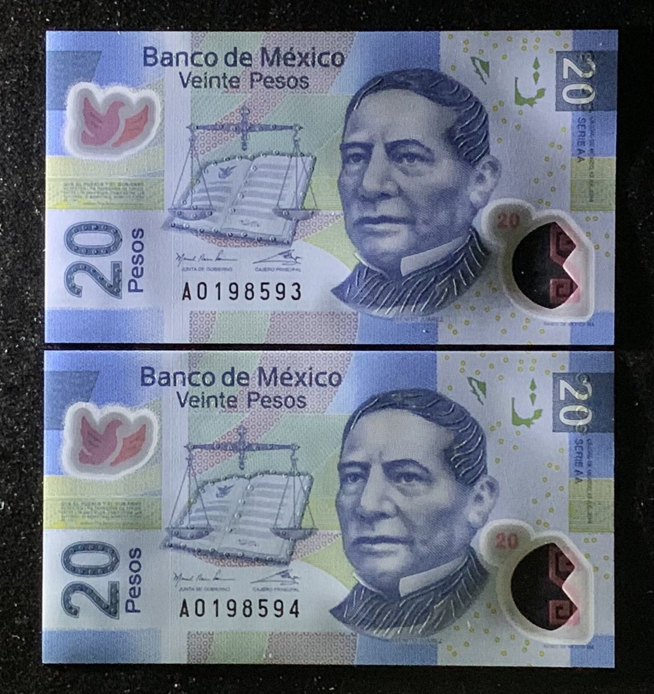 紫瑗钱币——第302期拍卖—纸币场 【首发AA冠】墨西哥 2016年 20比索 塑料币 UNC 2枚一组