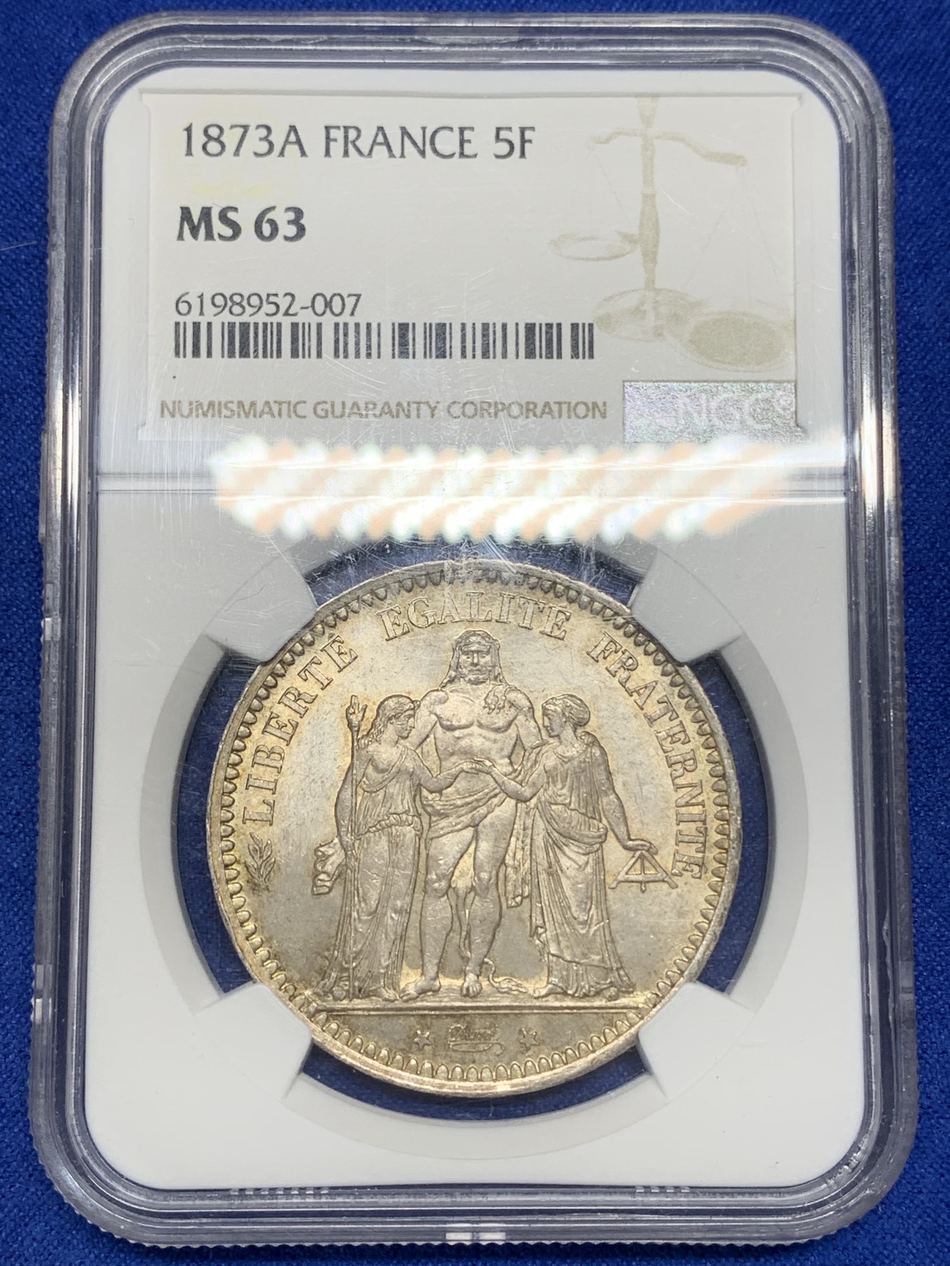 《竞宝斋》第195场-周日，周一 2场 (全场包邮) NGC-MS63 法国1873年大力神5法郎银币