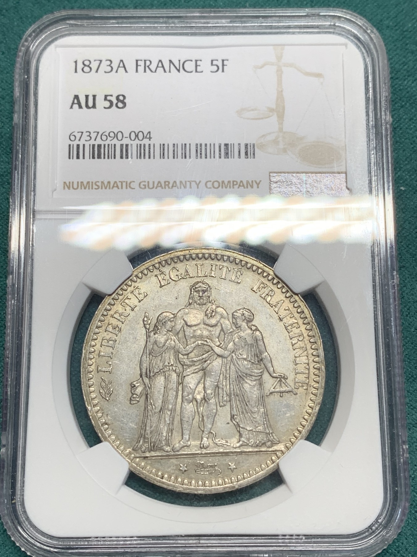 《竞宝斋》第195场-周日，周一 2场 (全场包邮) NGC-AU58 法国1873年大力神五法郎银币