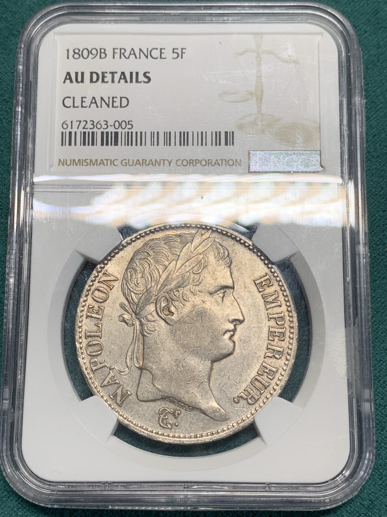 《竞宝斋》第195场-周日，周一 2场 (全场包邮) NGC-AUD 法国 1809年鲁昂厂 拿破仑皇帝5法郎 银币 早期年份，少见厂别，状态出色，观感好