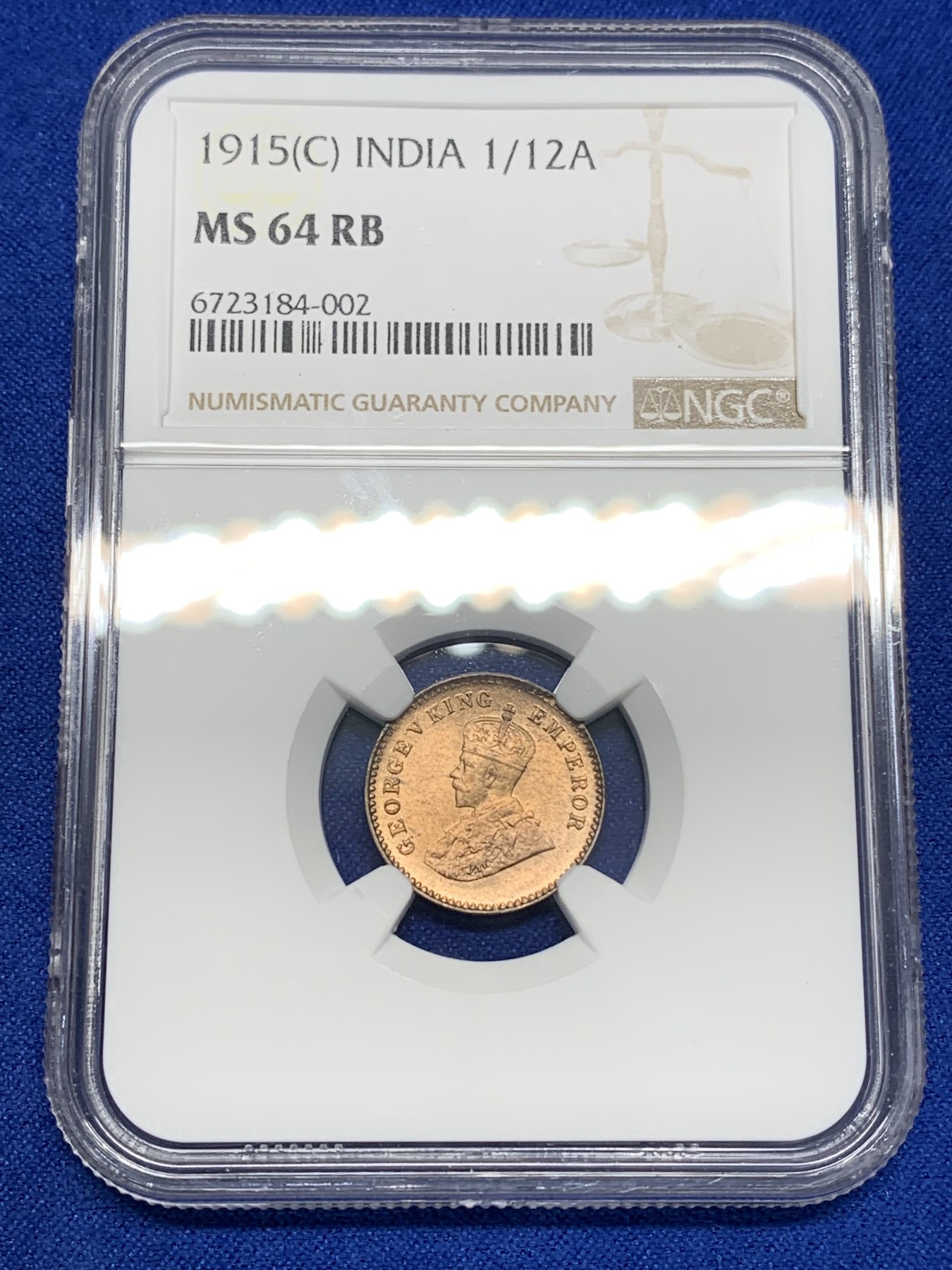 《竞宝斋》第195场-周日，周一 2场 (全场包邮) 两枚一组 NGC-MS64英属印度乔五1/12安娜铜币+NGC-MS62英属南非女王1便士铜币 光度好低评