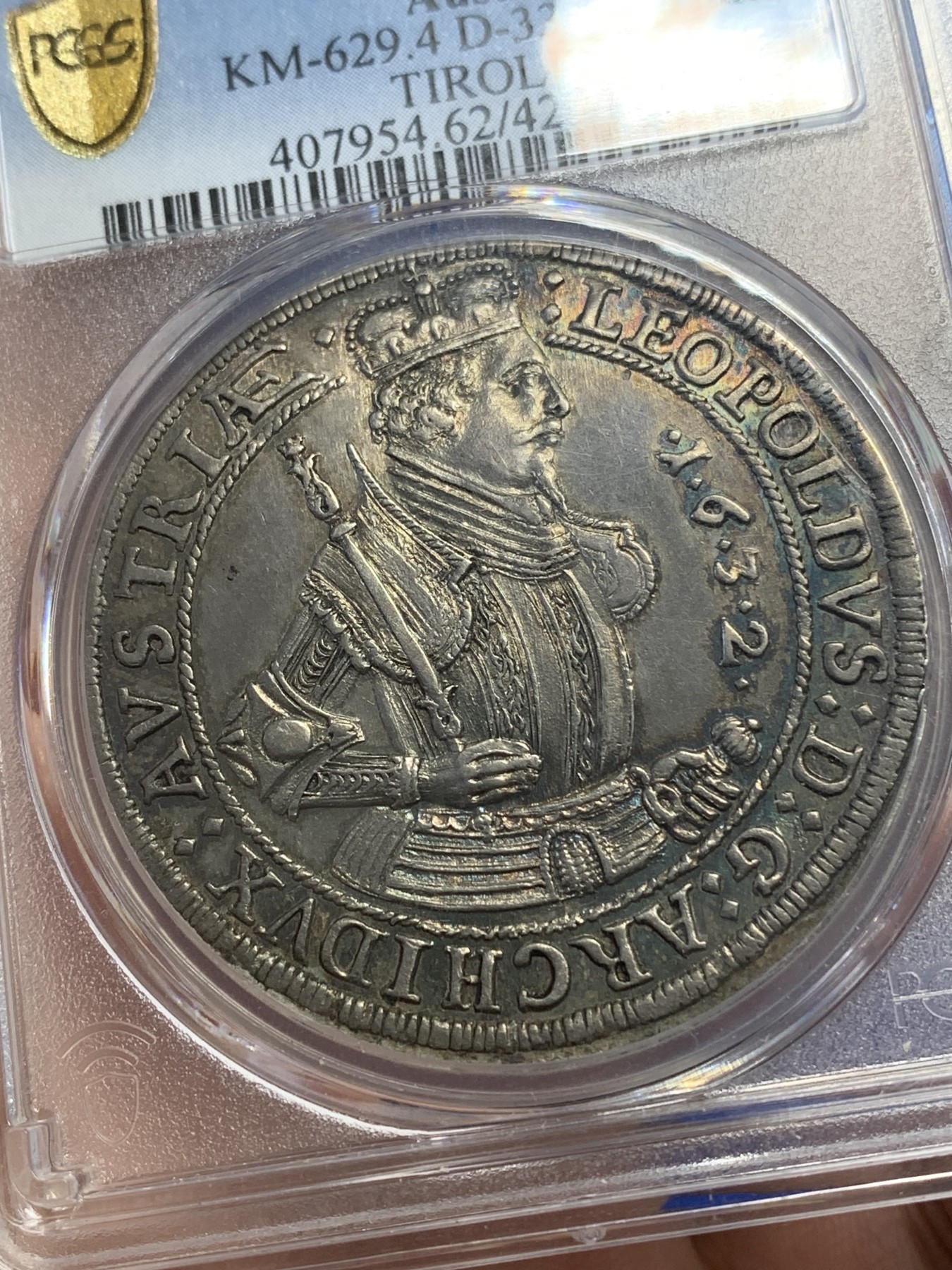 《竞宝斋》第195场-周日，周一 2场 (全场包邮) PCGS MS62 奥地利HALL厂 1632年 利奥波德五世大公 泰勒大银币 原味包浆 细节难得 历经400年 状态极好