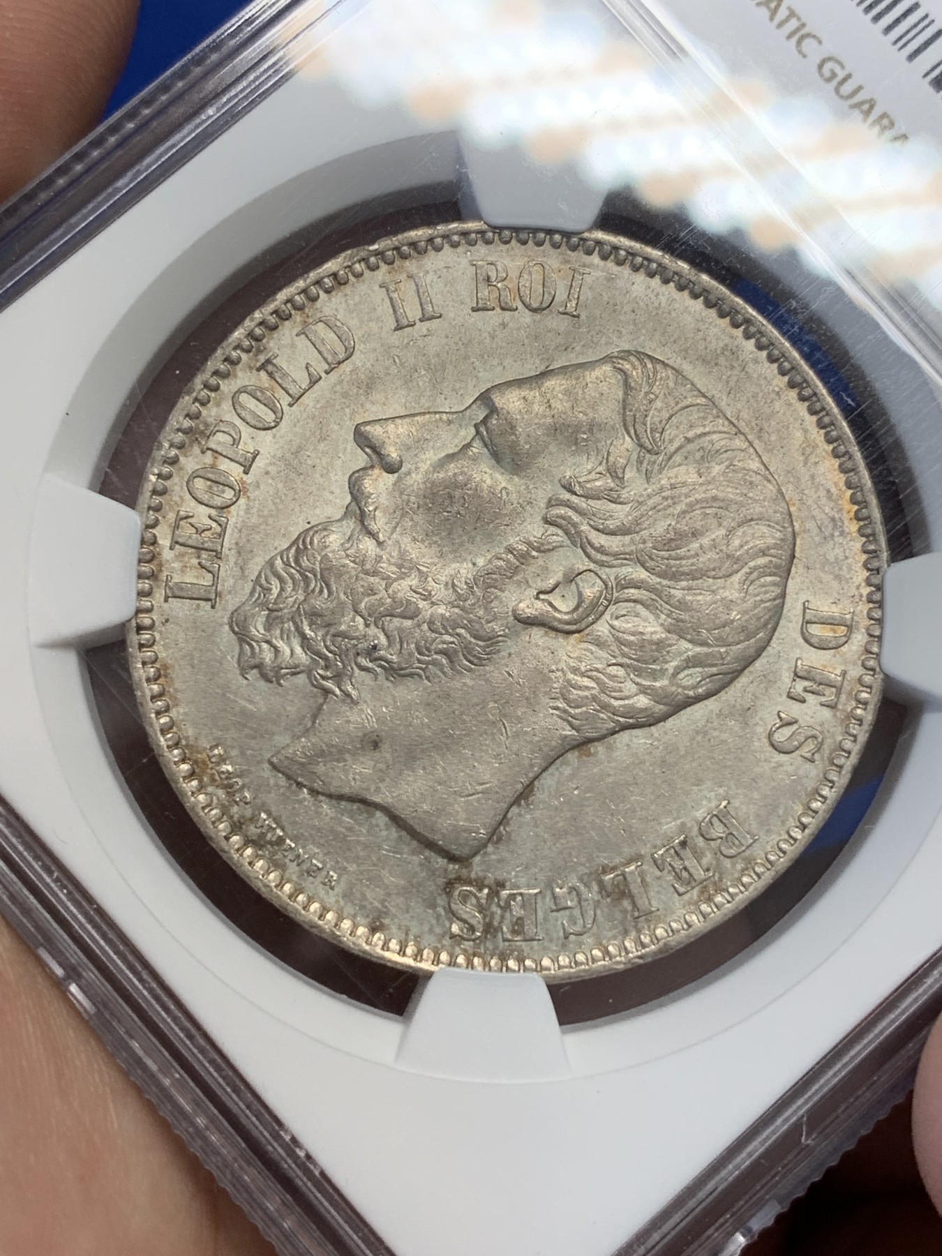 《竞宝斋》第195场-周日，周一 2场 (全场包邮) NGC-MS62 比利时1873年利奥波德二世5法郎大银币 带有粉光 状态难得 好品已有上涨 值得入手